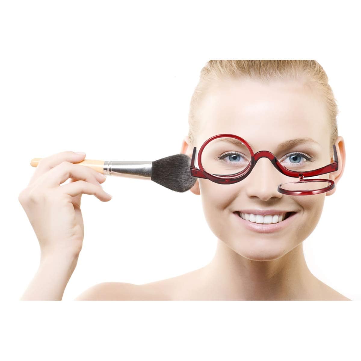 Queenbox +1.0 Magnifying Makeup Glasses with Flip Lens - Reading & Cosmetic Eyewear for Women (Red) - Perfect for Makeup Application, Reading & Close-Up Work