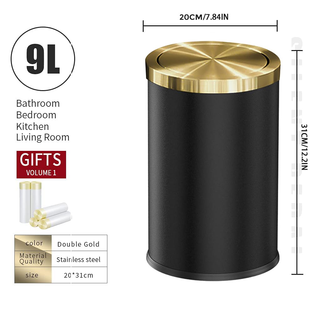9L/2.4GAL Black and Gold Trash Can with Flipping Lid - Small Bathroom Garbage Bin for Hotel, Office, Laundry & Powder Room - Elegant Metallic Gold Design (BLACK) - Perfect for Waste Disposal in Tight Spaces