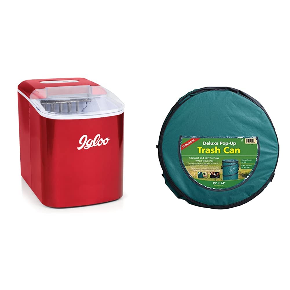 Igloo ICEB26RR Automatic Portable Electric Countertop Ice Maker Machine - 26 lbs/24H, Makes 9 Ice Cubes in 7 Minutes, Includes Ice Scoop & Basket - Perfect for Home, Office, RV, and Outdoor Parties | Coghlan's Deluxe Pop-Up Trash Can (Green, 21L) - Ideal for Camping, Picnics, and Beach Trips