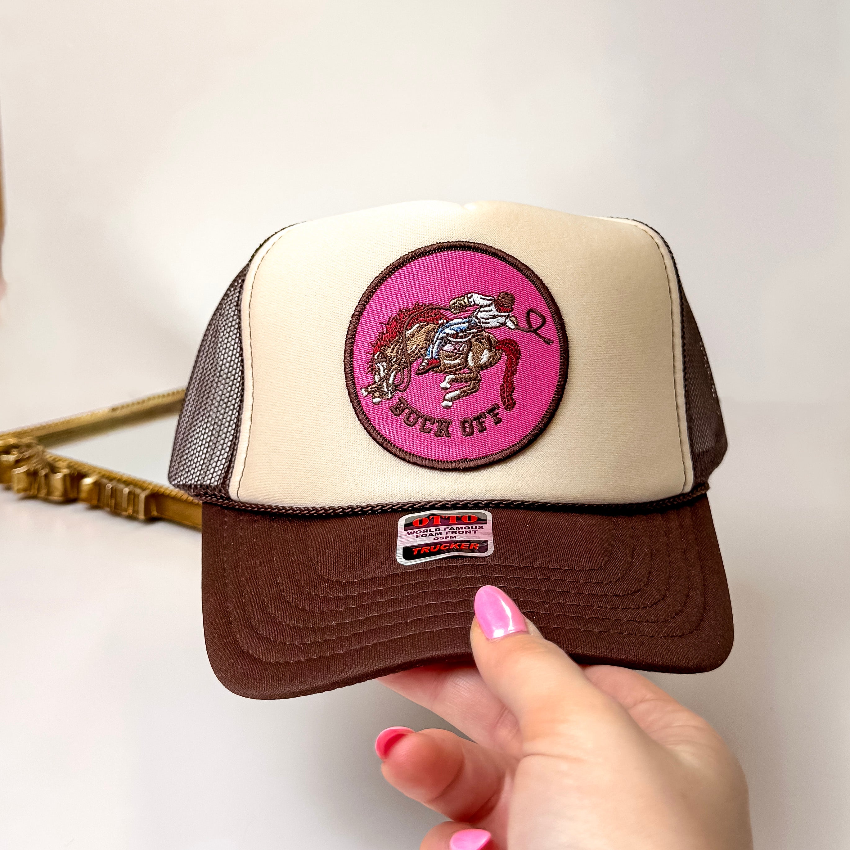 Buck Off Patch Foam Trucker Hat - Khaki & Brown Distressed Style - Perfect for Outdoor Adventures, Concerts & Casual Wear