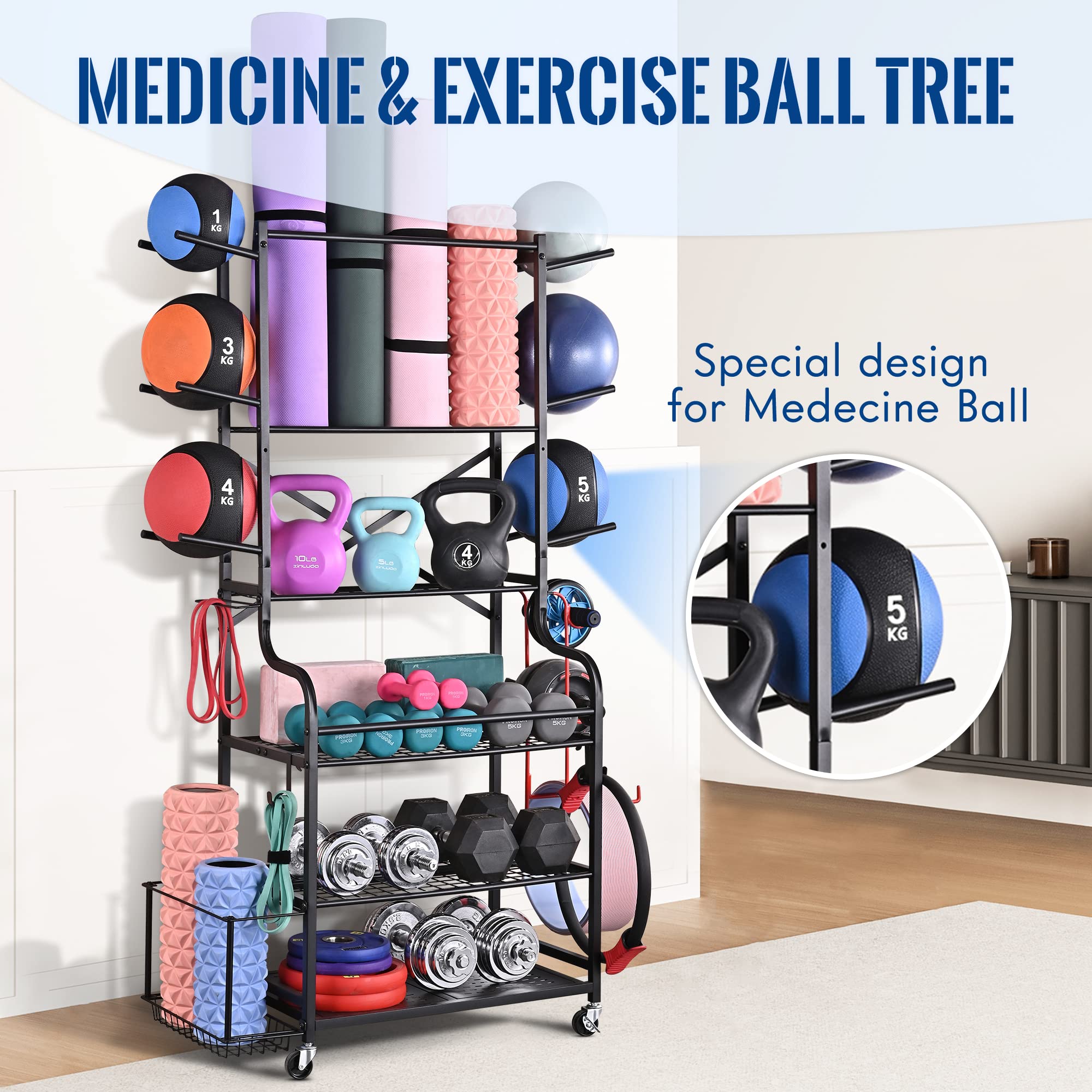 Mythinglogic Yoga Mat Storage Rack - Home Gym Organizer for Dumbbells, Kettlebells, Foam Rollers, Yoga Straps & Resistance Bands - Workout Equipment Storage with Hooks & Wheels - Perfect for Home Gym, Yoga Studio & Fitness Room Organization