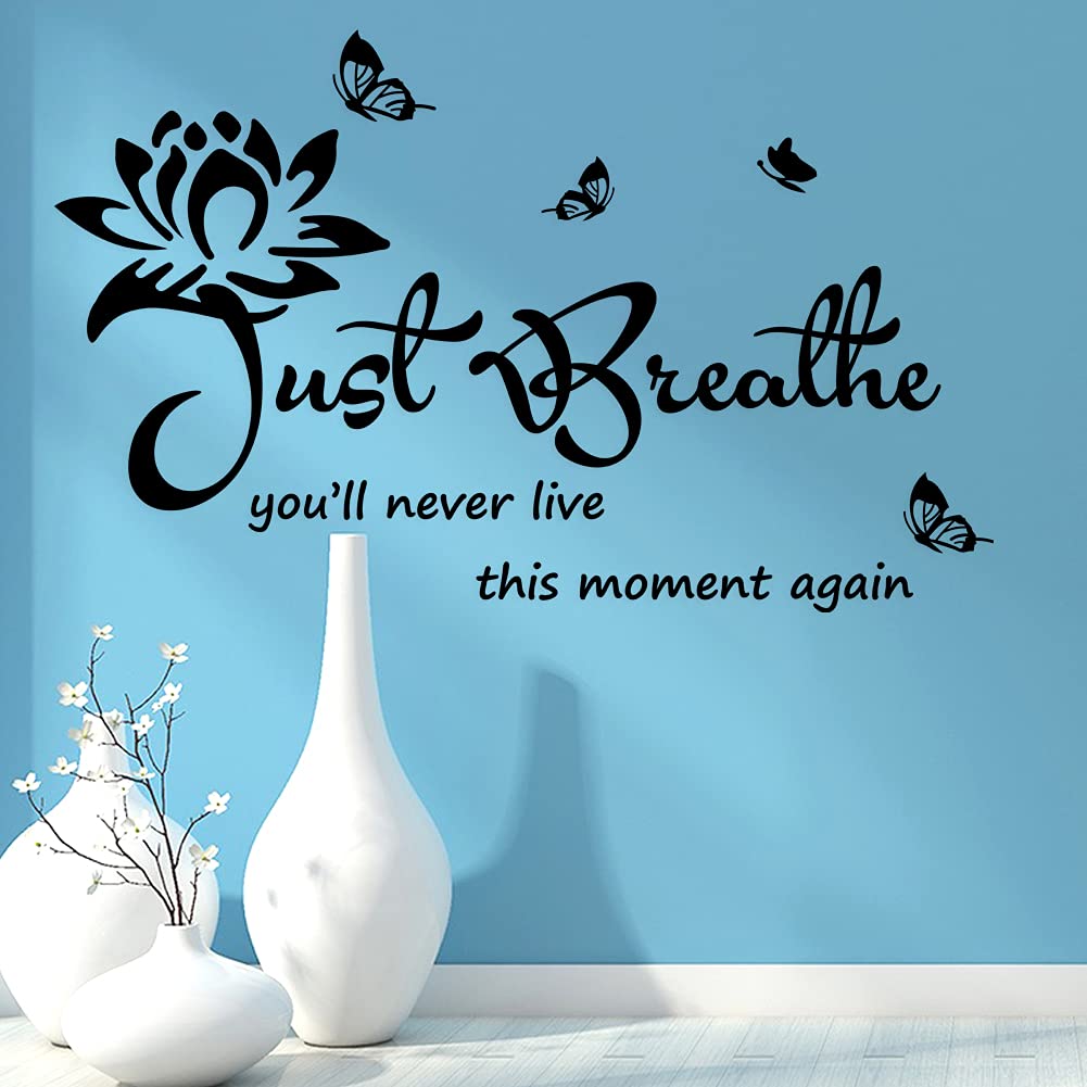 Vinyl Wall Stickers - Inspirational Just Breathe Quote Decals for Living Room, Bedroom, Nursery & Yoga Space - Waterproof Home Wall Art Decor for Relaxation & Meditation Areas