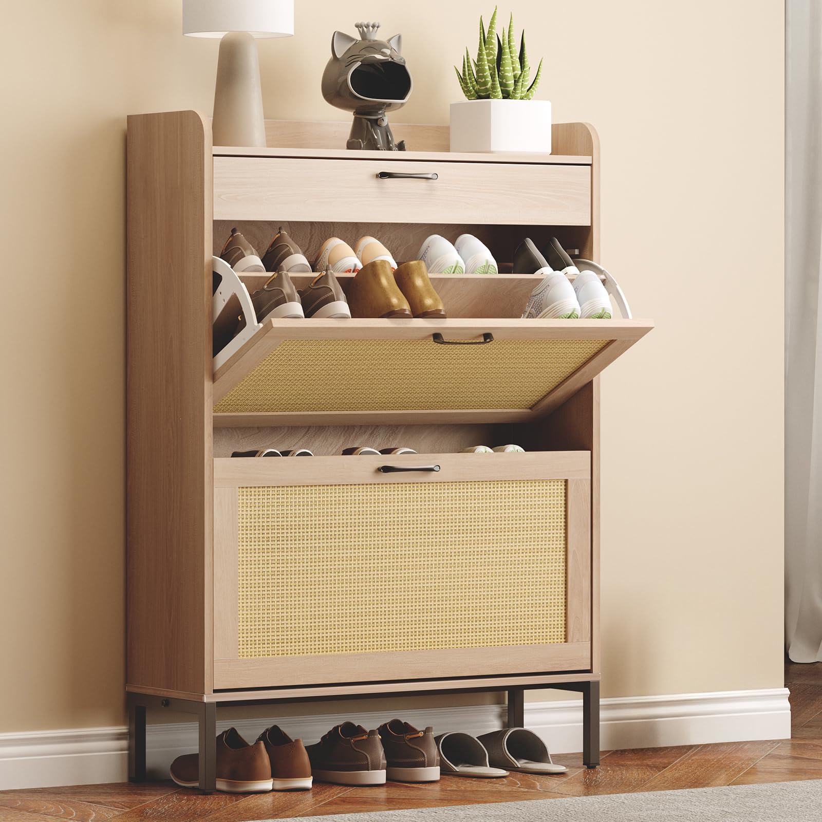 Slim Rattan Shoe Cabinet with 3 Drawers - Freestanding Entryway Organizer for Hallway & Bedroom
