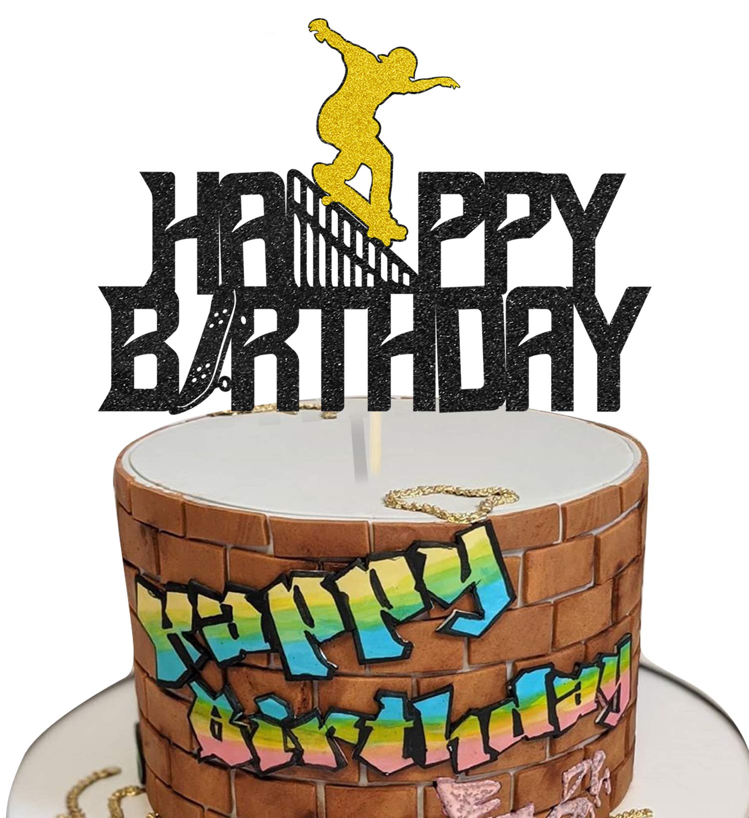 Glitter Happy Birthday Skateboard Cake Topper - Extreme Skateboard Sport Decor for Skateboarding & Graffiti Theme Parties - Perfect for Birthday Cakes, Cupcakes & Desserts