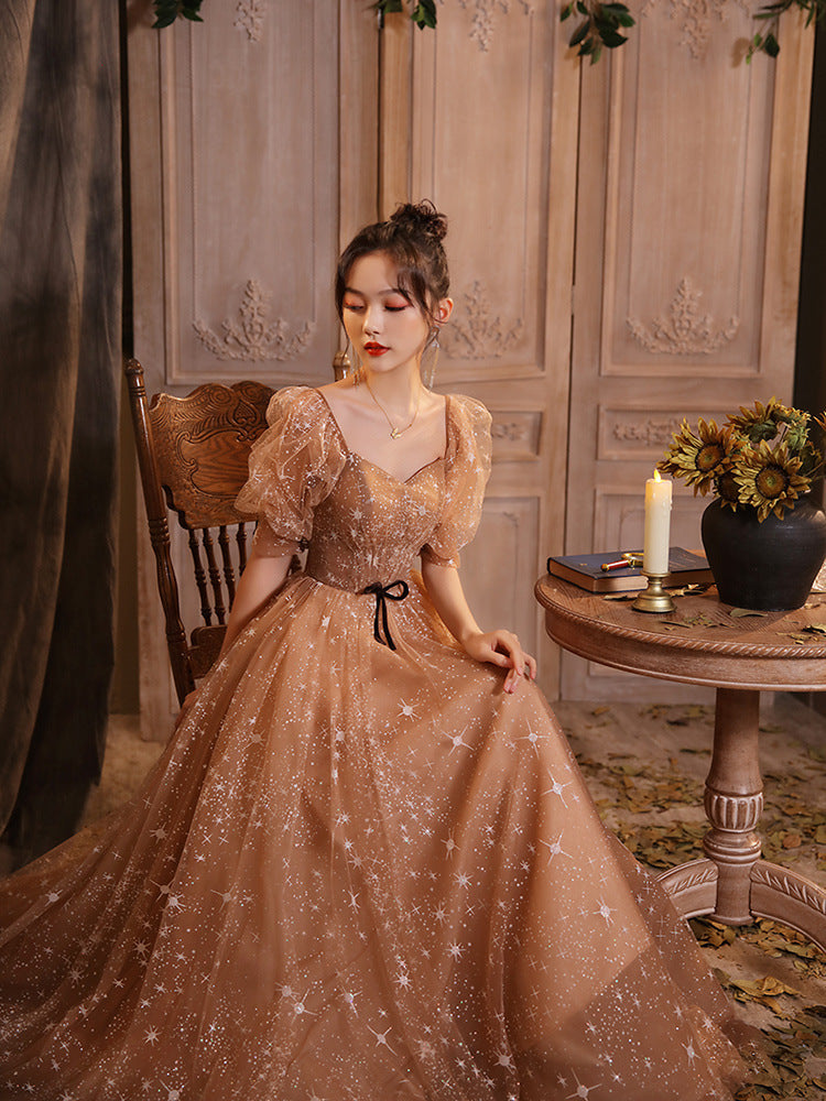 Elegant Champagne A-Line Tulle Prom Dress with Short Sleeves - Shiny Formal Evening Gown for Homecoming, Wedding Guest, Cocktail Party & Special Occasions
