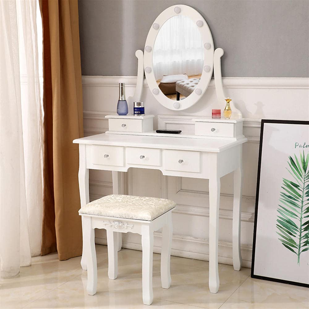 Modern White Vanity Desk with LED Lights & Stool - 5 Drawers for Bedroom Dressing Room