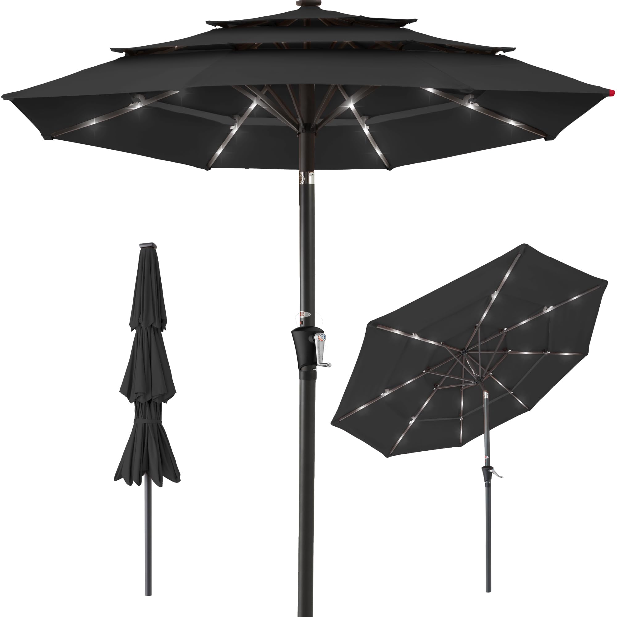 Best Choice Products 10ft 3-Tier Solar Patio Umbrella with 24 LED Lights - Outdoor Market Sun Shade for Backyard, Deck, Poolside - Tilt Adjustment & Easy Crank - 8 Ribs - Black - Perfect for Outdoor Dining, Lounging, and Entertaining