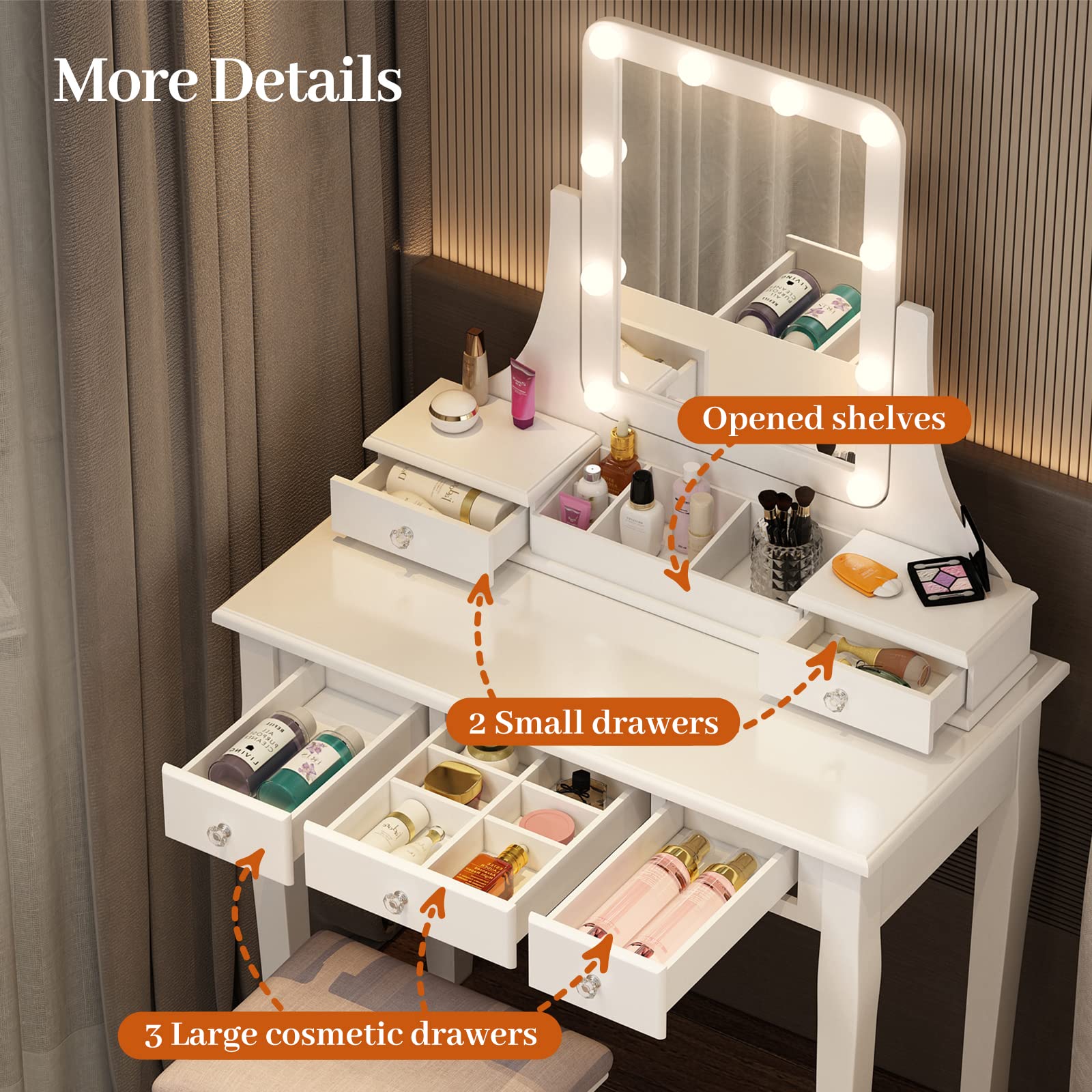 White Vanity Table with Lights & 5 Drawers - 360° Rotating Mirror Makeup Vanity Set for Bedroom, Dressing Room & Beauty Salon | LED Illuminated Vanity Desk with Storage