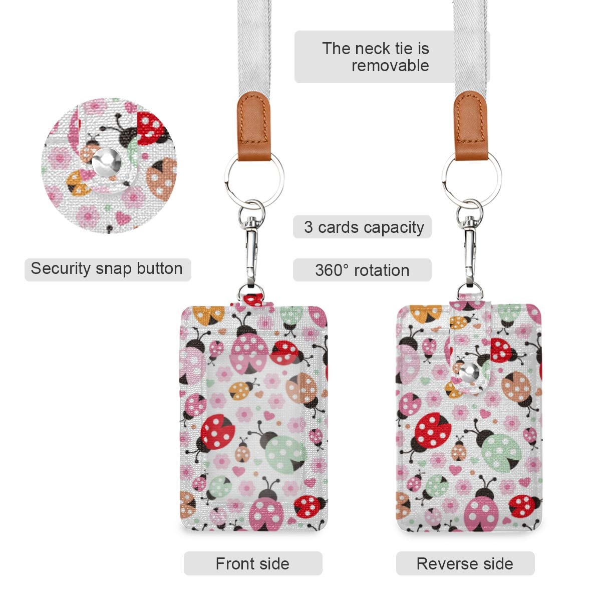VIKKO Cute Colorful Ladybug Polka Dot PU Leather ID Badge Holder - Stylish Card Case Wallet with Adjustable Neck Lanyard & Key Ring for Work, School, Events & Conventions