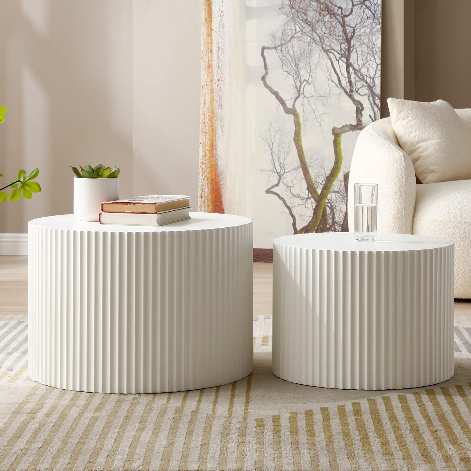 Kevinplus White Round Nesting Coffee Table Set of 2 - Modern Drum Side & End Tables for Living Room - Wood Circle Embossed Design - Contemporary Matte White Coffee Table Set - Perfect for Small Spaces, Apartments & Cozy Living Rooms