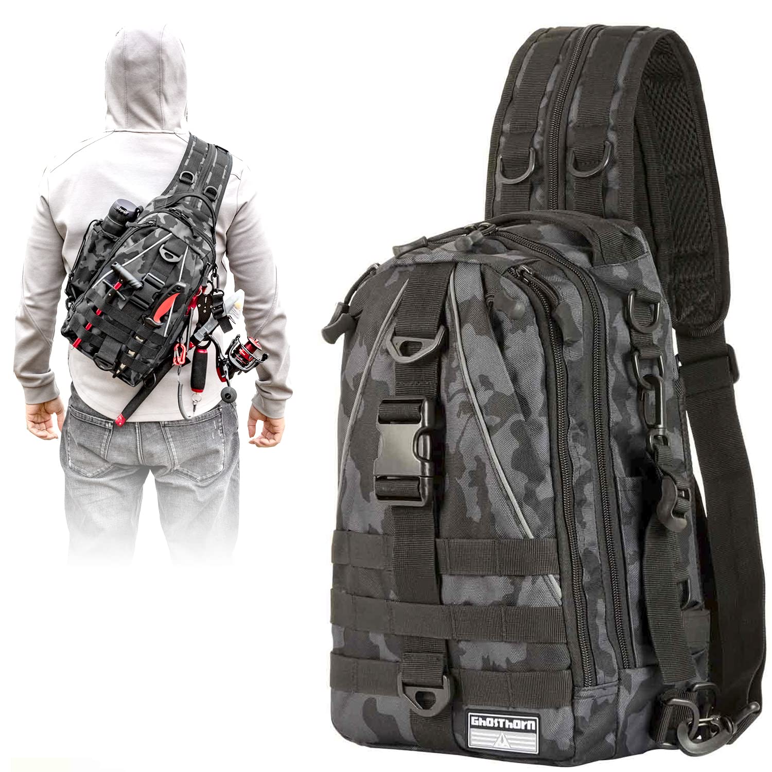 Ghosthorn Fishing Backpack Tackle Sling Bag with Rod Holder - Waterproof Fly Fishing Gear for Men & Women - Perfect for Bass, Trout & Saltwater Fishing Trips