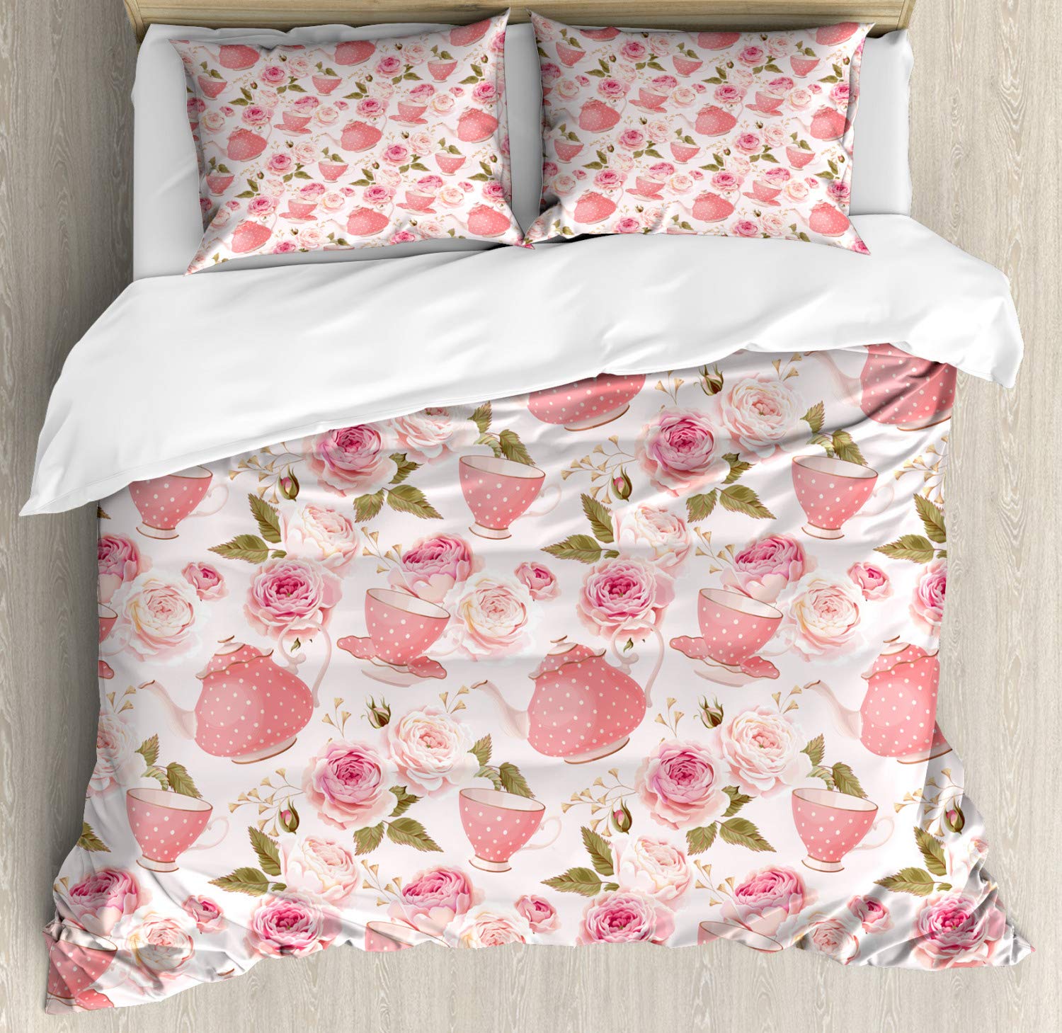 Ambesonne Floral Duvet Cover Set - Vintage Tea Cup & Rose Design, Shabby Chic Bedding Collection (2 Duvet Covers + 4 Pillowcases, 2-Pack California King Size) in Fern Green & Pale Pink - Perfect for Romantic Bedroom Decor & Cottagecore Aesthetic