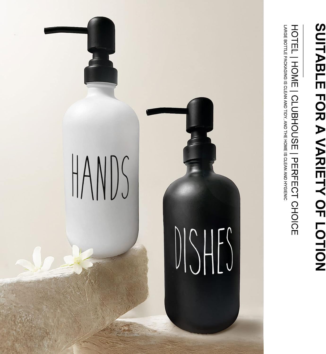 16OZ Glass Soap Dispenser 2 Pack - Stainless Steel Pump for Hand Soap & Dish Soap - Modern Kitchen & Bathroom Accessories (Black & White) - Perfect for Countertop, Sink, and Vanity Organization