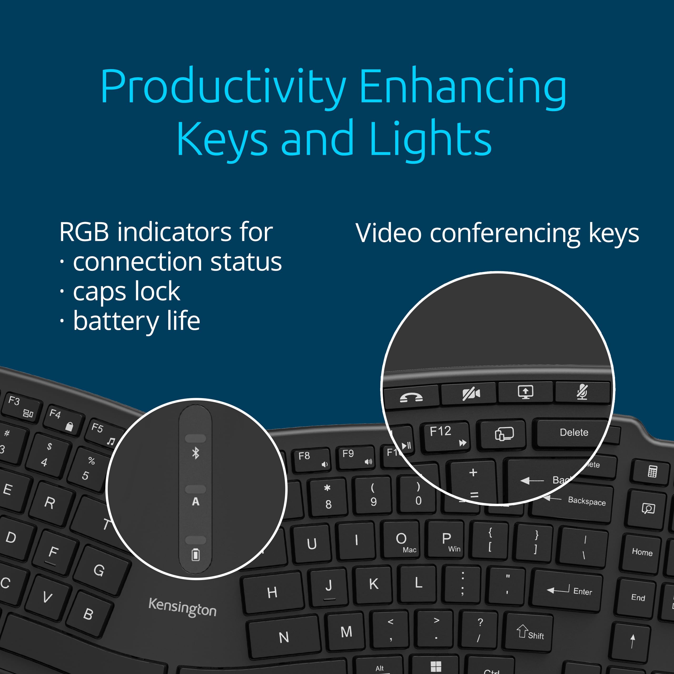 Kensington Pro Fit Ergo KB675 EQ Wireless Split Keyboard with Built-in Wrist Rest - TKL Design, Low Profile Silent Keys, Rechargeable, Bluetooth & 2.4GHz - Programmable Ergonomic Keyboard for Office & Home (Black, K75491US)