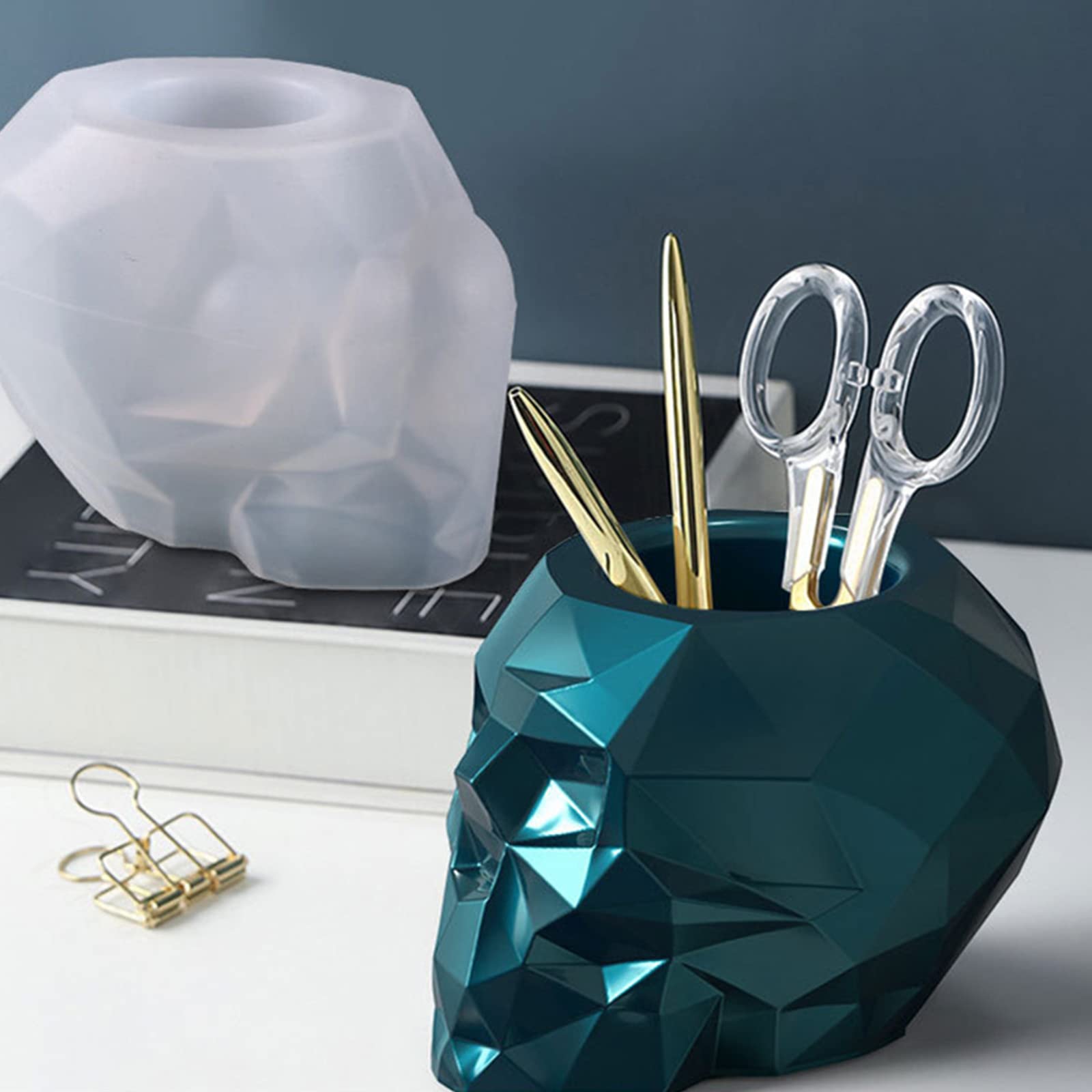 3D Skull Shape Silicone Epoxy Resin Molds for Storage Box - Makeup Brush Holder, Jewelry Organizer, Pen Cup & Flower Pot - Unique Home Decor for Gothic, Halloween & Craft Room Decorations