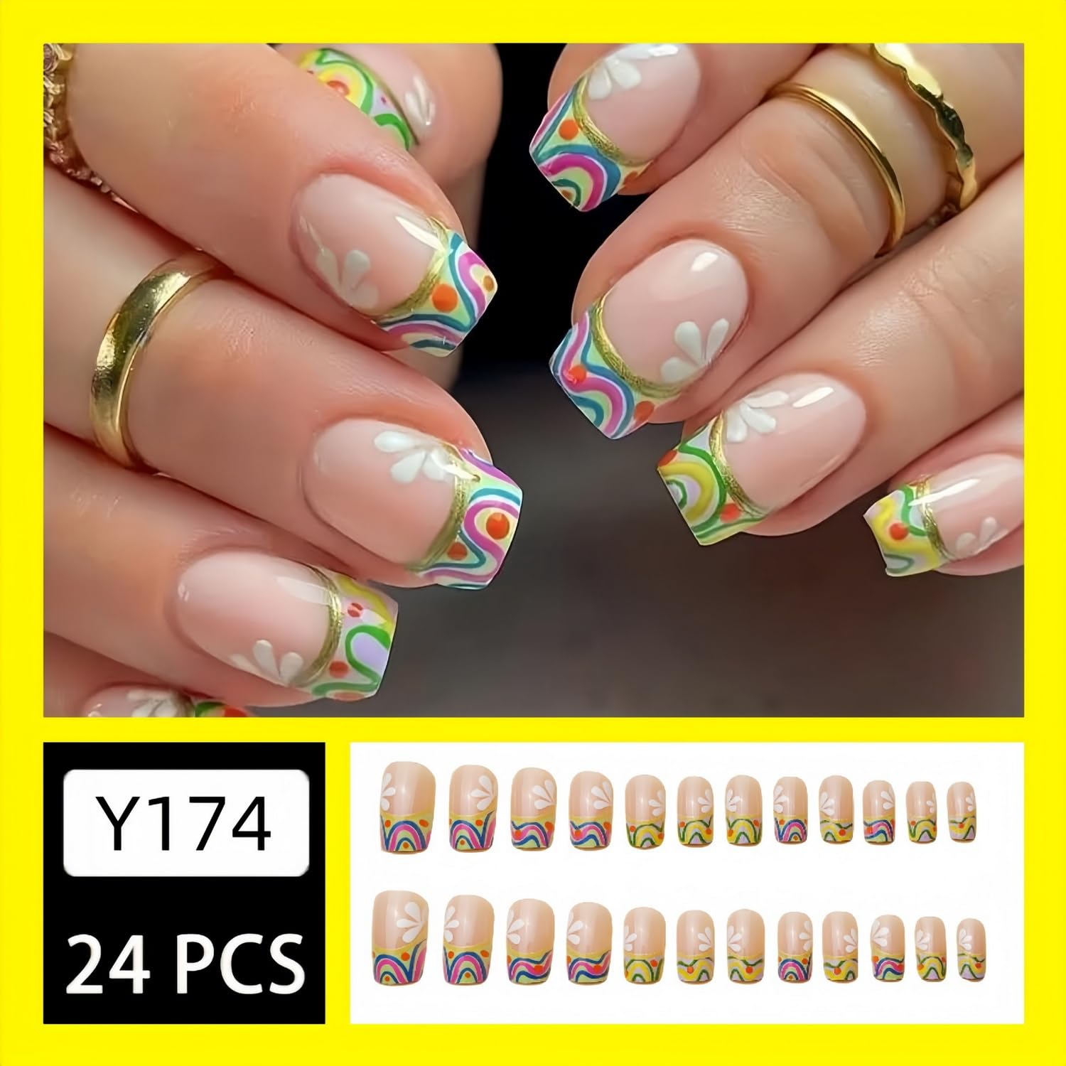French Tip Press on Nails - Short Square Fake Nails with White Floral Design | Reusable Full Cover Acrylic Nails for Women | 24PCS Manicure Set | Perfect for Summer, Parties, Weddings & Everyday Wear