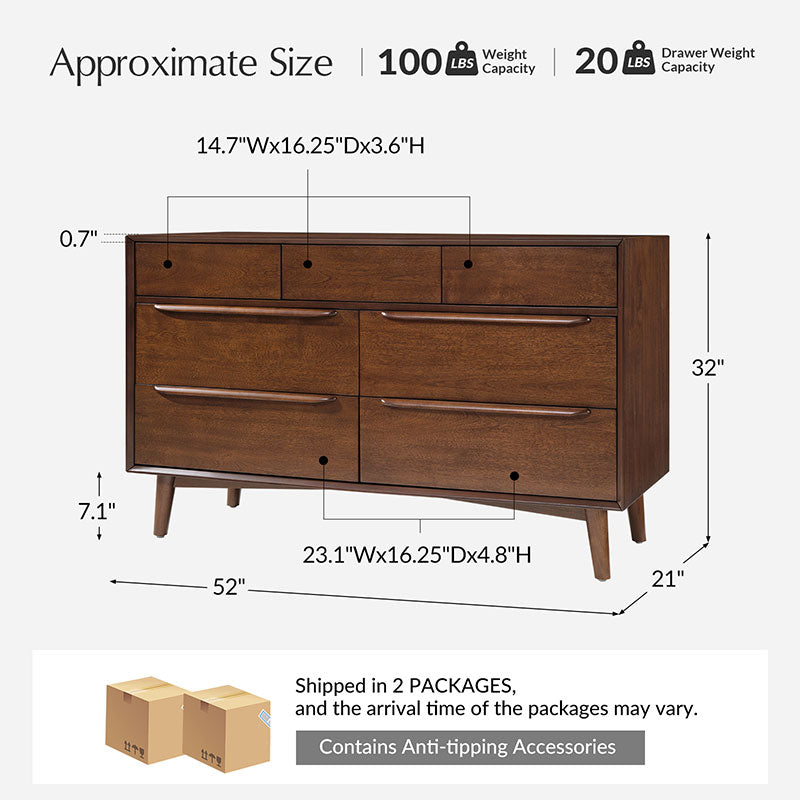 Ileanna Mid Century Modern 7-Drawer Dresser - Solid Wood Bedroom Chest of Drawers for Storage & Organization | Perfect for Master Bedroom, Guest Room & Nursery