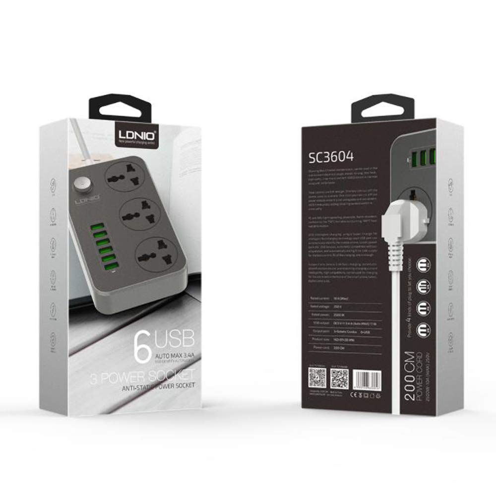 Universal Power Strip with 3 Outlets & 6 USB Ports - 2m Extension Cord with EU Plug for Home, Office & Travel Charging Multiple Devices Simultaneously