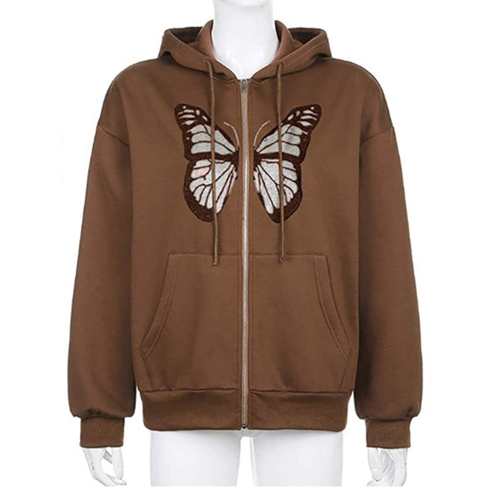 Freebily Y2K Oversized Butterfly Graphic Rhinestone Zip Up Hoodie - 90s Retro Streetwear Jacket for Women | Perfect for E-Girl Fashion, Rave Outfits & Casual Street Style