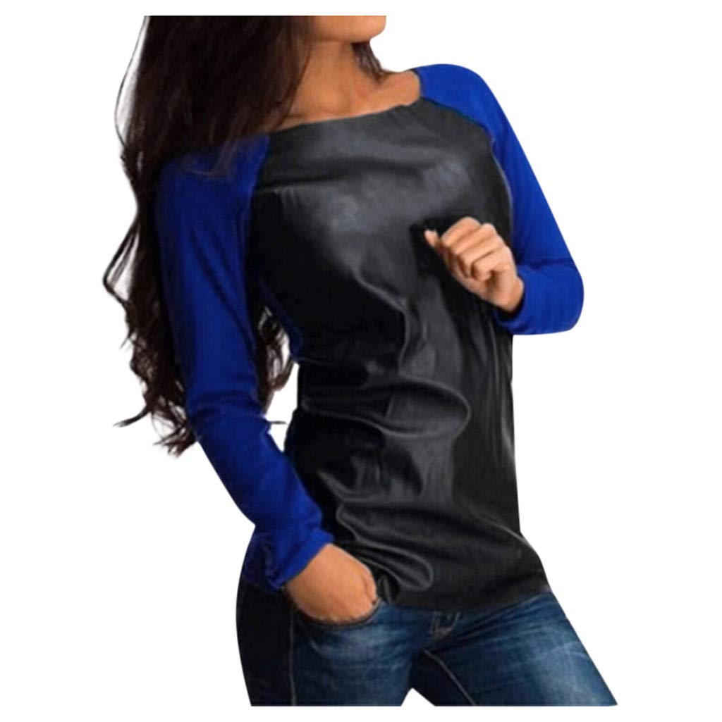 Posijego Women's Faux Leather Patchwork Long Sleeve Sweatshirt - Sexy Casual Winter Pullover for Fall & Winter Fashion | Perfect for Date Night, Office Wear & Street Style Outfits