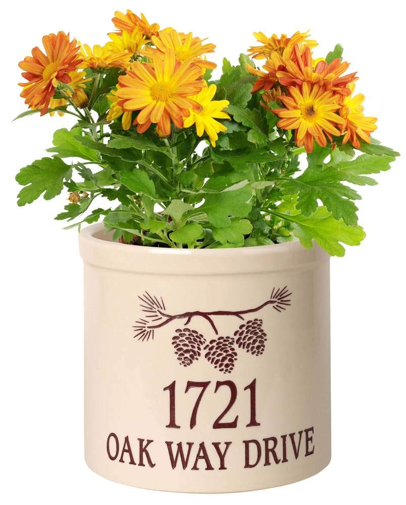 Whitehall Products 2-Gallon Pine Bough Address Crock Planter in Red - Perfect for Outdoor Garden Decor, Porch Planters & Rustic Home Entryway Display