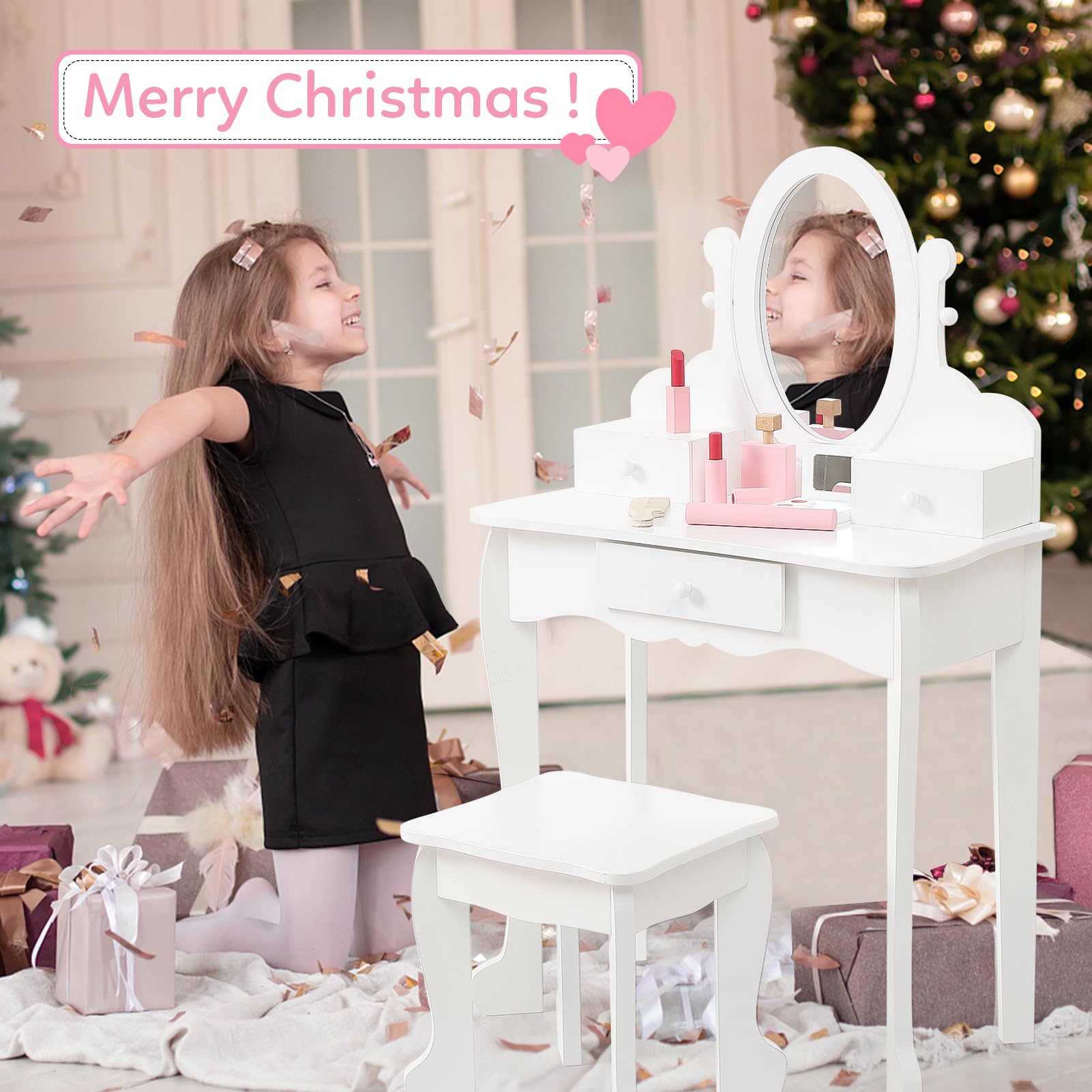 **White Wooden Kids Vanity Set with Mirror, Makeup Table & Stool - Princess Dress-Up Play Set for Girls Ages 4-9 - Perfect for Birthday Gifts, Pretend Play & Bedroom Decor**