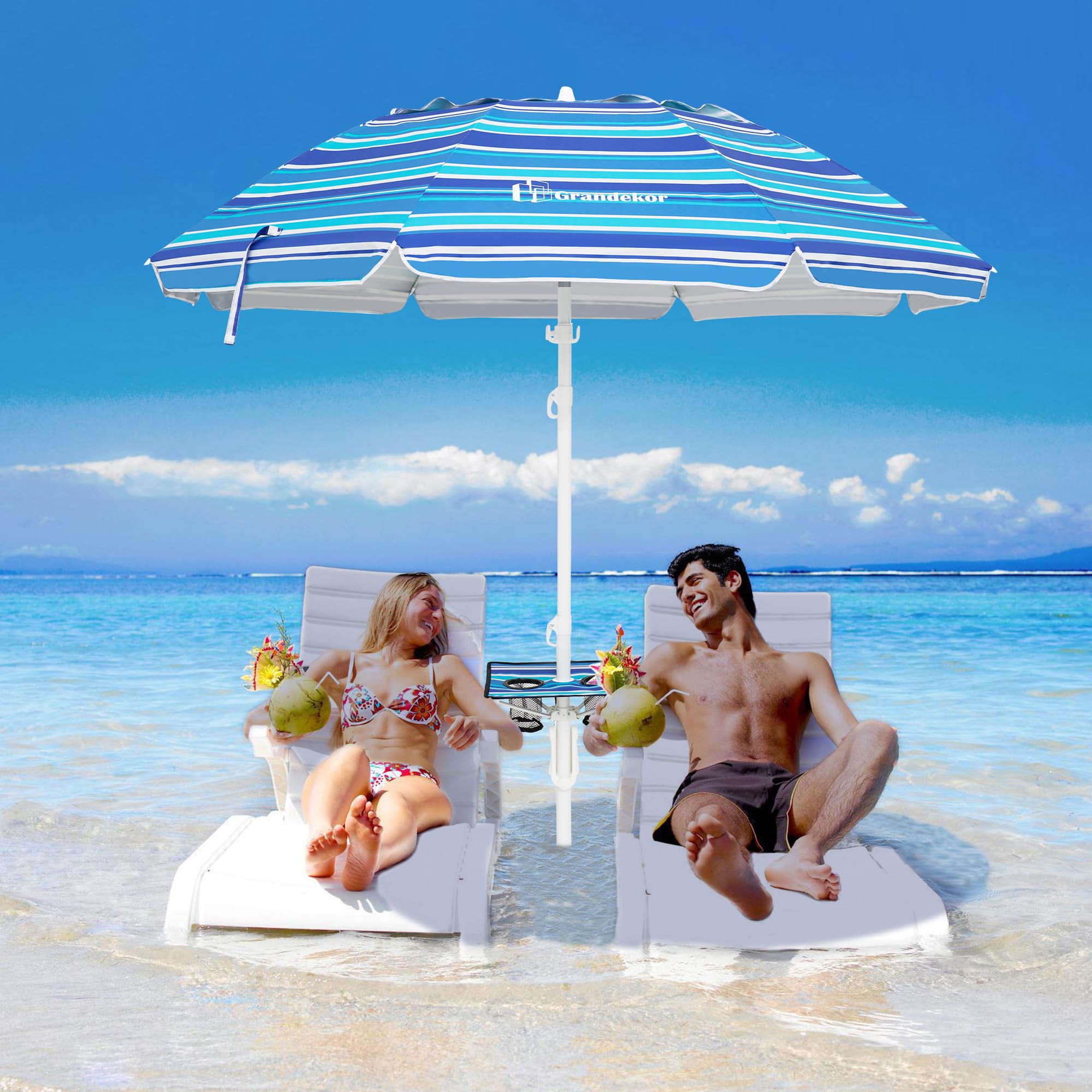 Grandekor 7FT Heavy Duty Windproof Beach Umbrella with Sand Anchor, Portable UV 50+ Sun Shade with Carry Bag & Side Table - Perfect for Beach Vacations, Poolside Relaxation, and Outdoor Picnics