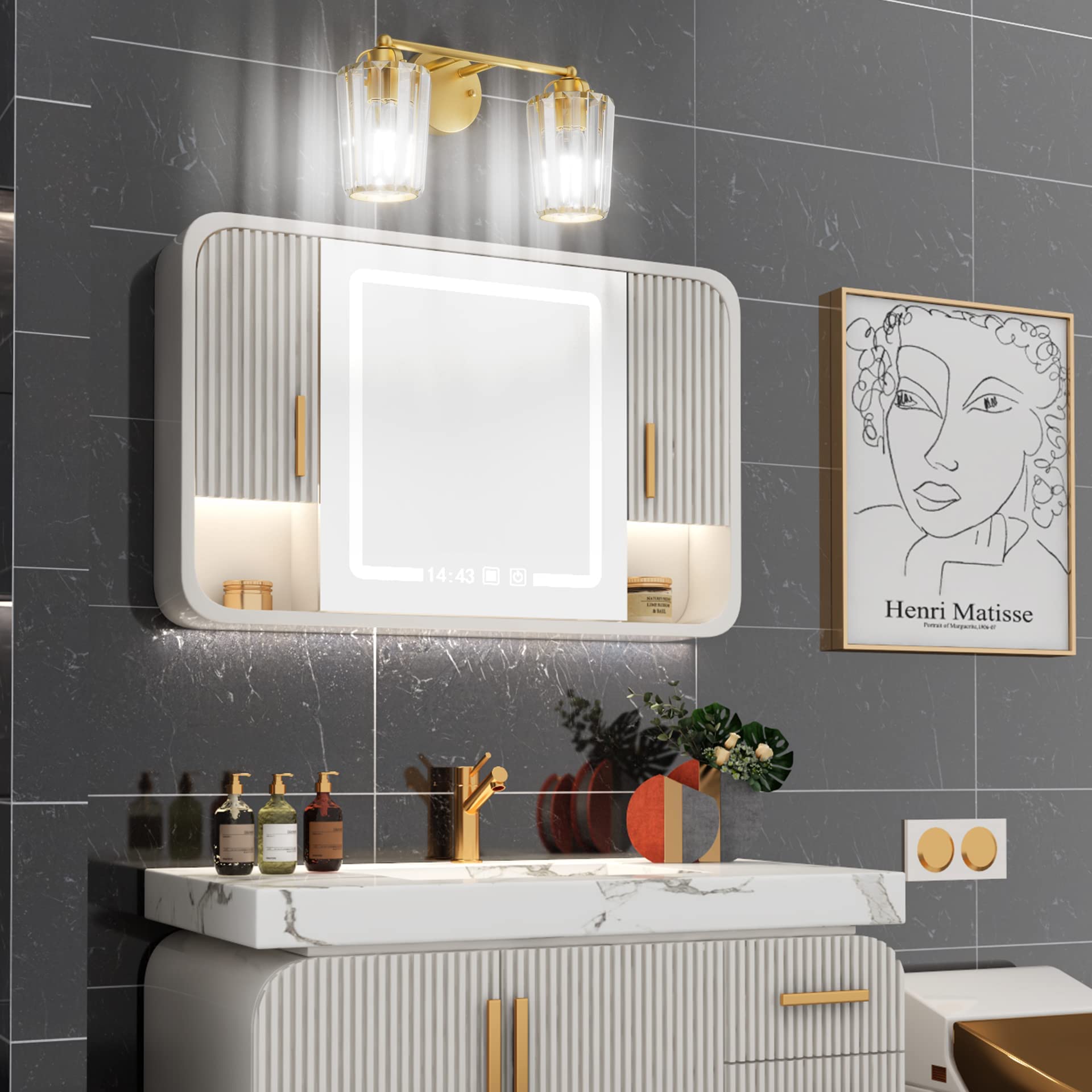 Aipsun Gold Modern Bathroom Vanity Light - 2-Light Crystal Vanity Lighting Fixture for Bathroom Mirror (Bulbs Not Included) | Perfect for Master Bath, Powder Room & Spa-Style Decor