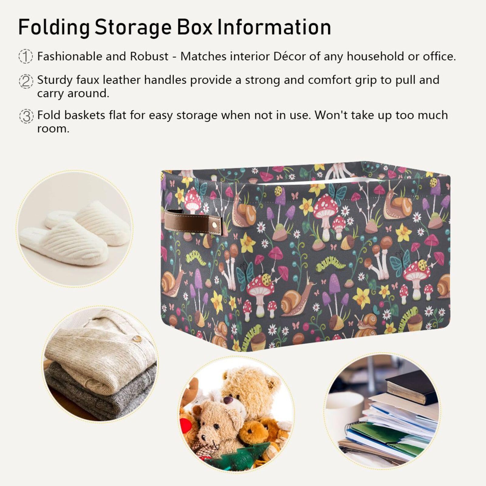 Collapsible Waterproof Canvas Storage Basket - Rectangle Mushroom Design for Nursery, Toys, Books | Foldable Organizer Bin for Closet, Shelves, Bedroom Decor (1 Pack) - Perfect for Kids' Room Organization & Home Storage Solutions