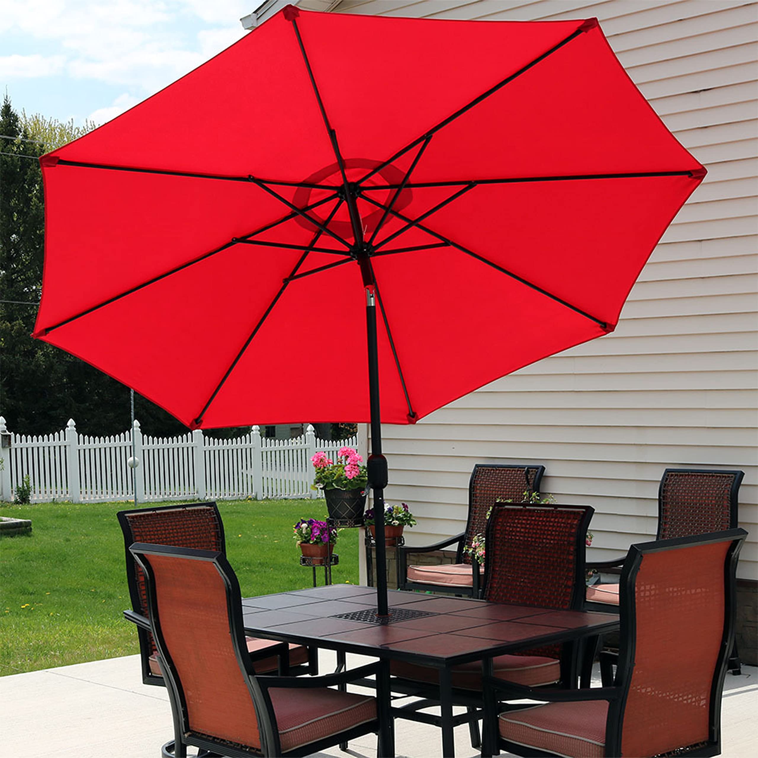 Sunnydaze 9 ft Outdoor Patio Umbrella with Push-Button Tilt & Crank - Heavy Duty 8-Rib Polyester Market Umbrella for Table - Sun Shade for Backyard, Poolside & Outdoor Dining - Red