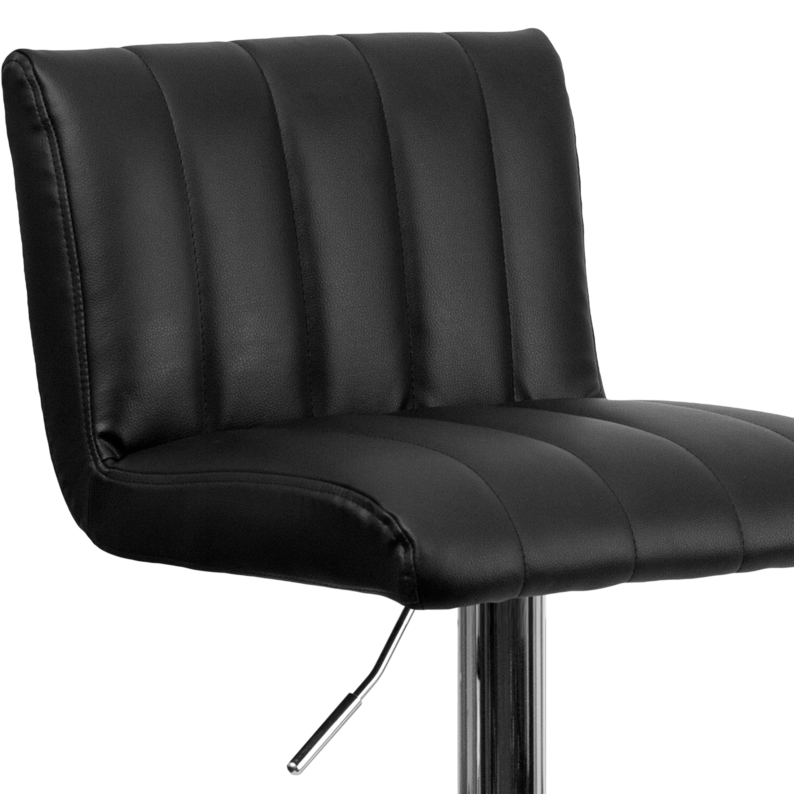 EMMA & OLIVER Black Vinyl Adjustable Height Bar Stool with Vertical Stitch Back - Modern Kitchen Island & Counter Height Stools for Dining, Bar, or Home Decor