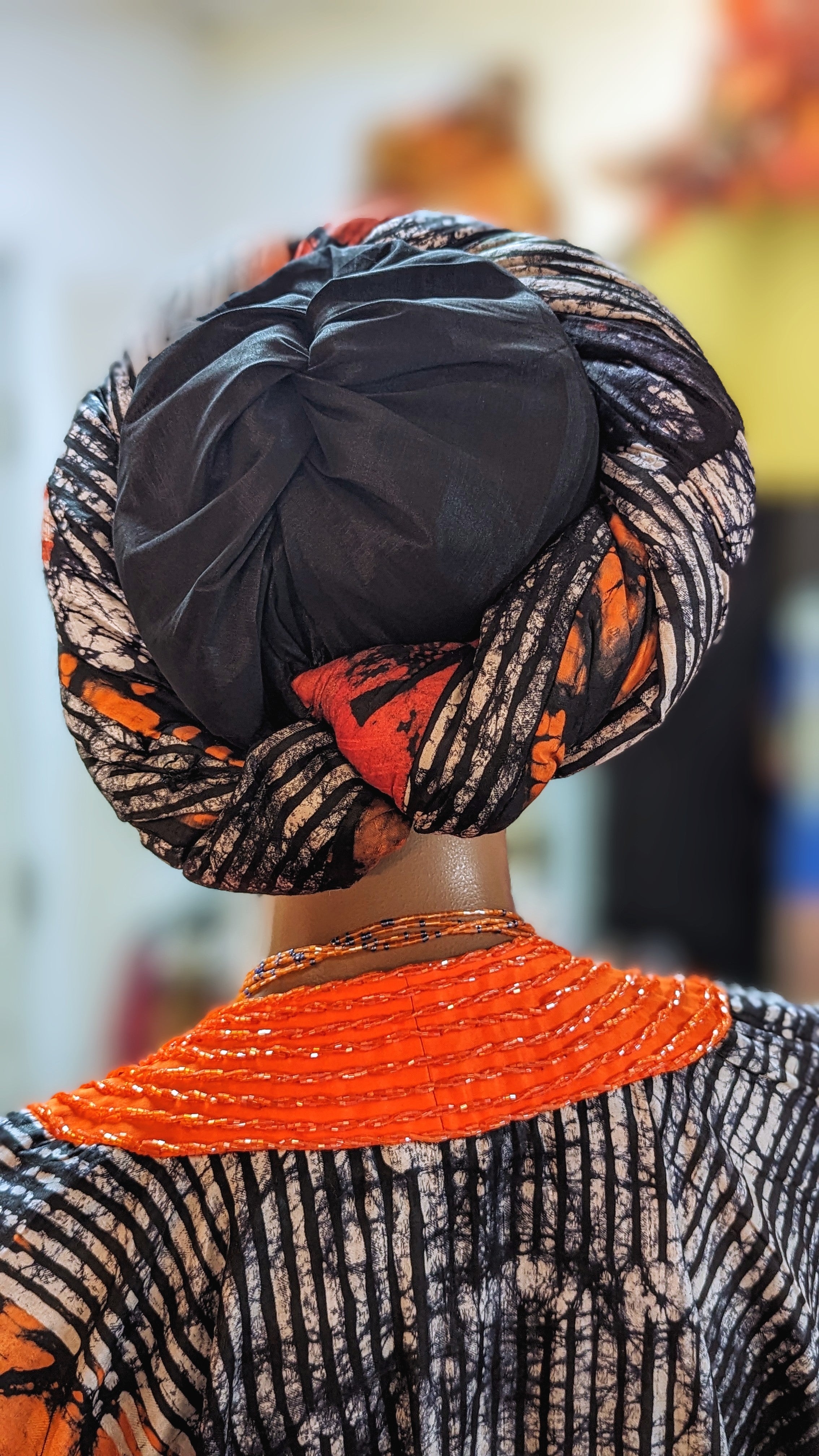 Stylish Orange & Black African Print Batik Hat for Women - DUPAPBH5H | Fashionable Headwear for Parties, Weddings & Cultural Events