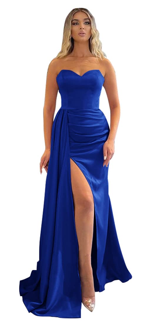 Elegant Mermaid Prom Dresses 2024 | Strapless Satin Bridesmaid Gown with High Slit & Train | Formal Evening Dresses for Women | Perfect for Weddings, Prom Nights & Special Occasions