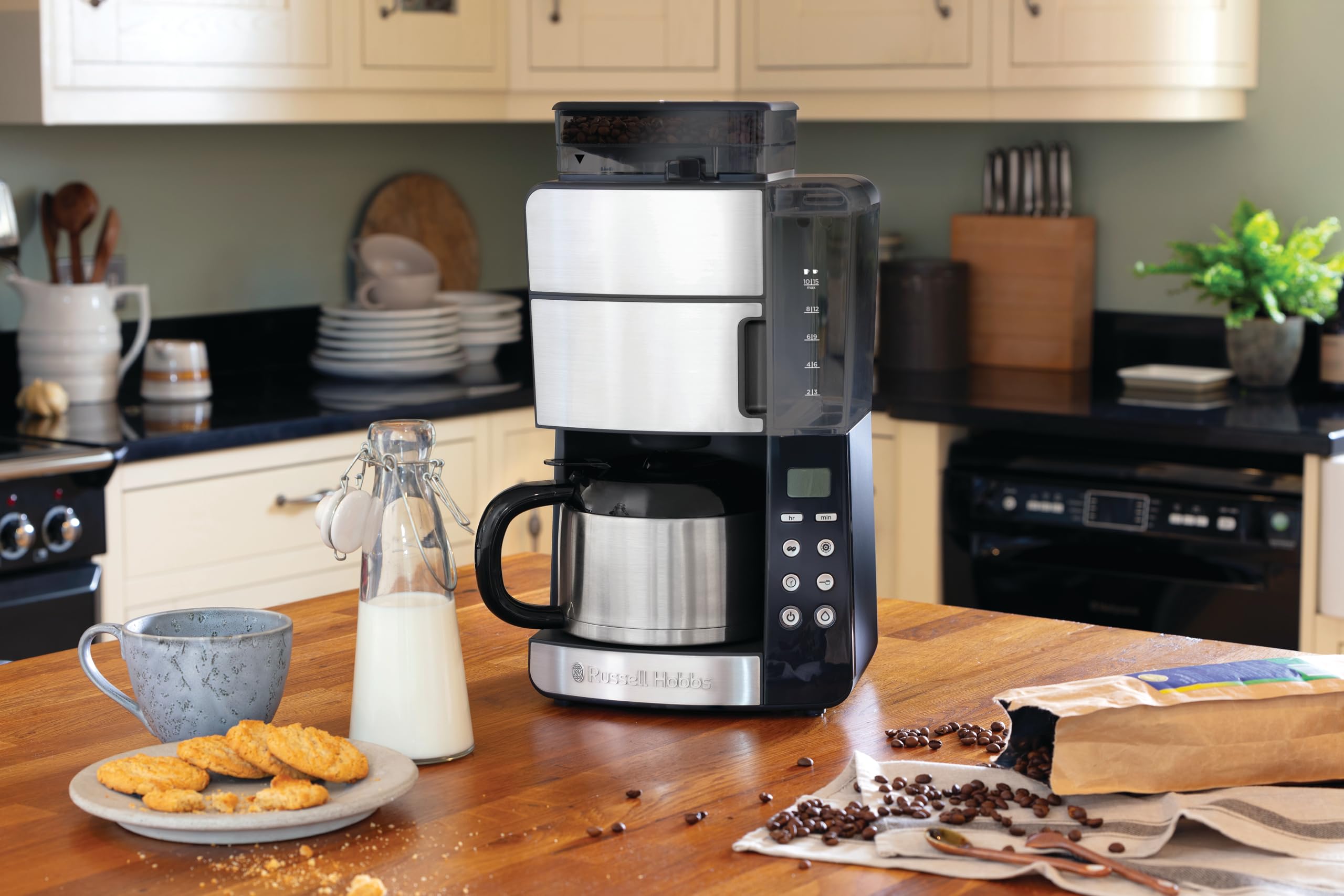 Russell Hobbs American Coffee Maker with Built-in Grinder - Digital Timer, Optimal Extraction & Aroma Filter - Thermal Carafe (10 Cups Max, 3 Grind Levels, Grind & Brew 25620-56) - Perfect for Home, Office, or Entertaining Guests