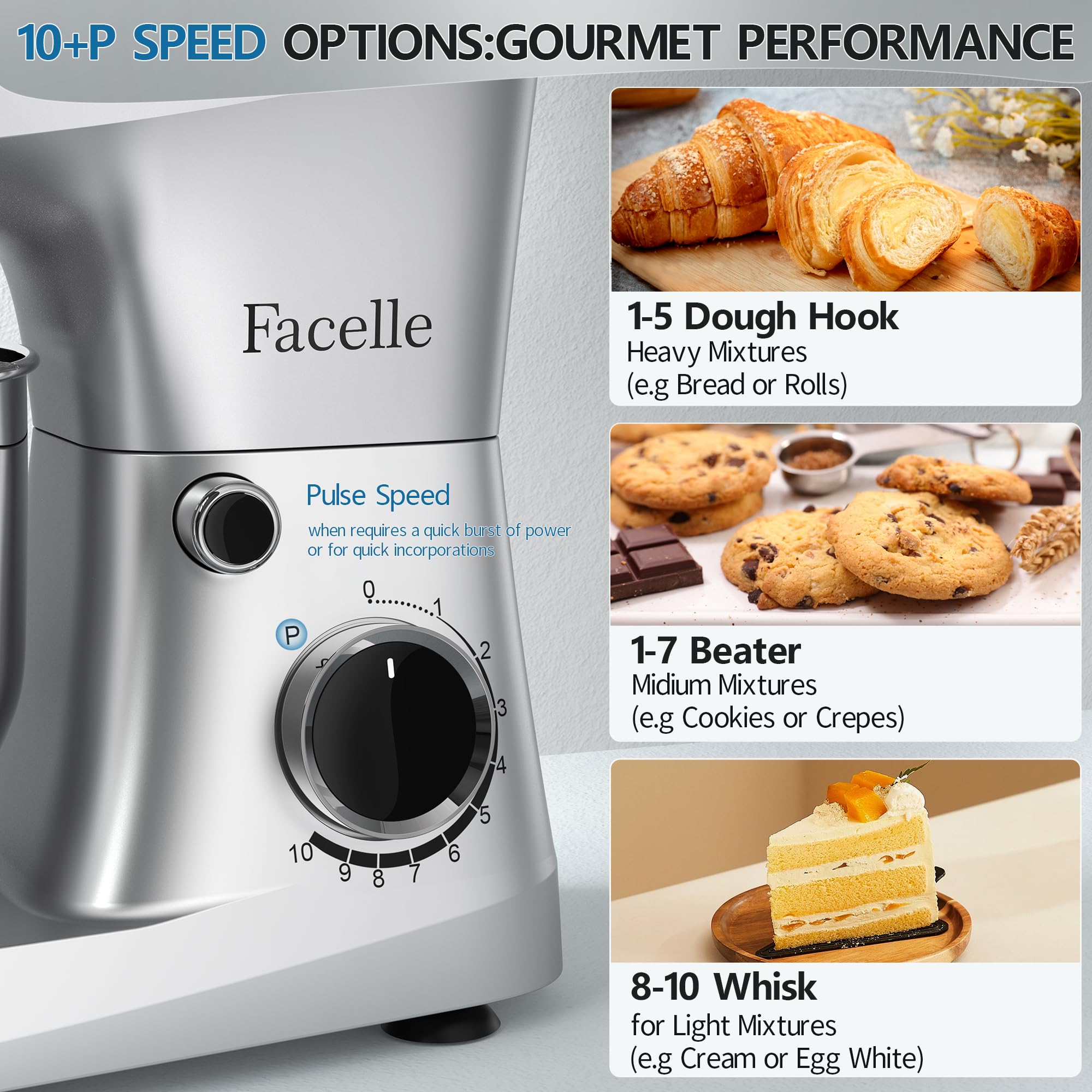 10-Speed 6QT Stand Mixer with Tilt-Head - Kitchen Electric Mixer Includes Beater, Dough Hook, Wire Whip & Egg Separator - Perfect for Baking Cakes, Cookies, Bread & Dough - Silver