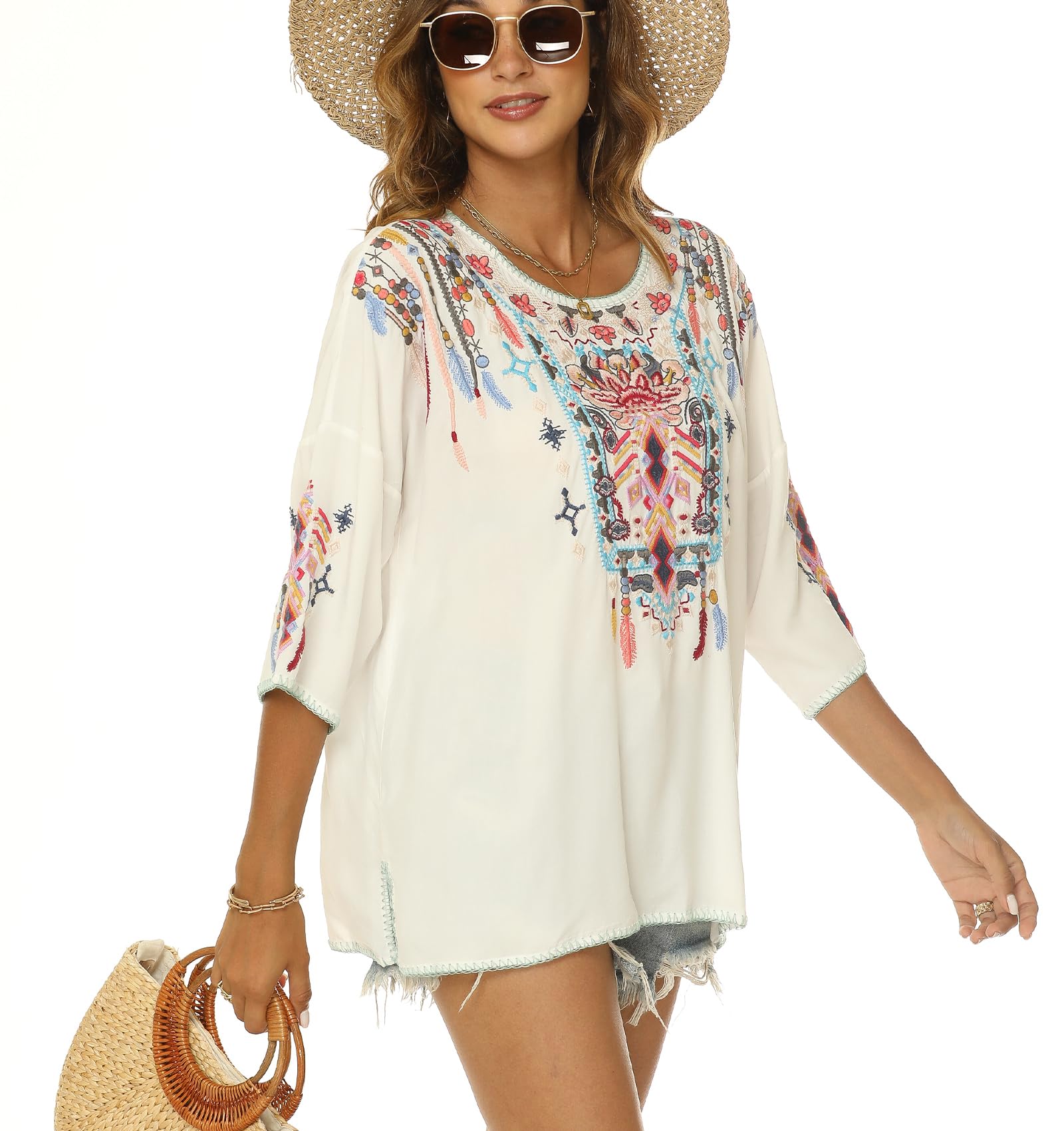 Higustar Mexican Embroidered Tops for Women | Traditional Boho Tunic Shirt | Plus Size Bohemian Blouse | Peasant Style Embroidered Clothing | Perfect for Music Festivals, Beach Vacations & Boho Fashion Outfits