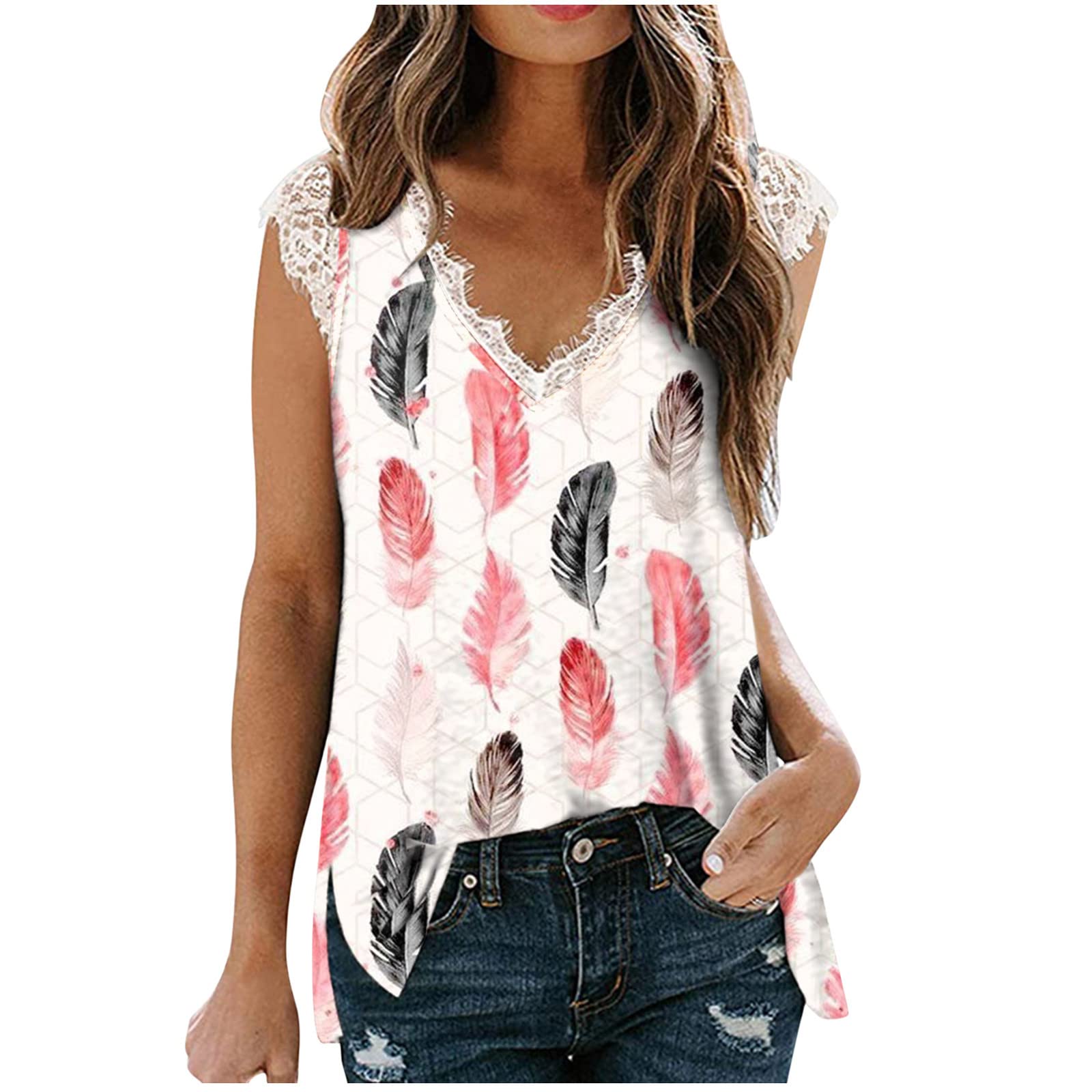 Floral Print Women's Tank Tops - V Neck Lace Trim Blouse for Summer Casual Wear