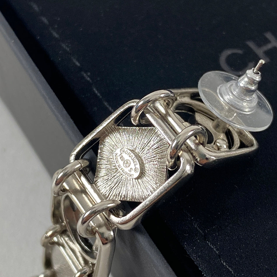 Chanel 20S Long Silver Crystal Logo Link Earrings - Luxury Fashion Jewelry for Women | Perfect for Parties, Weddings & Special Occasions