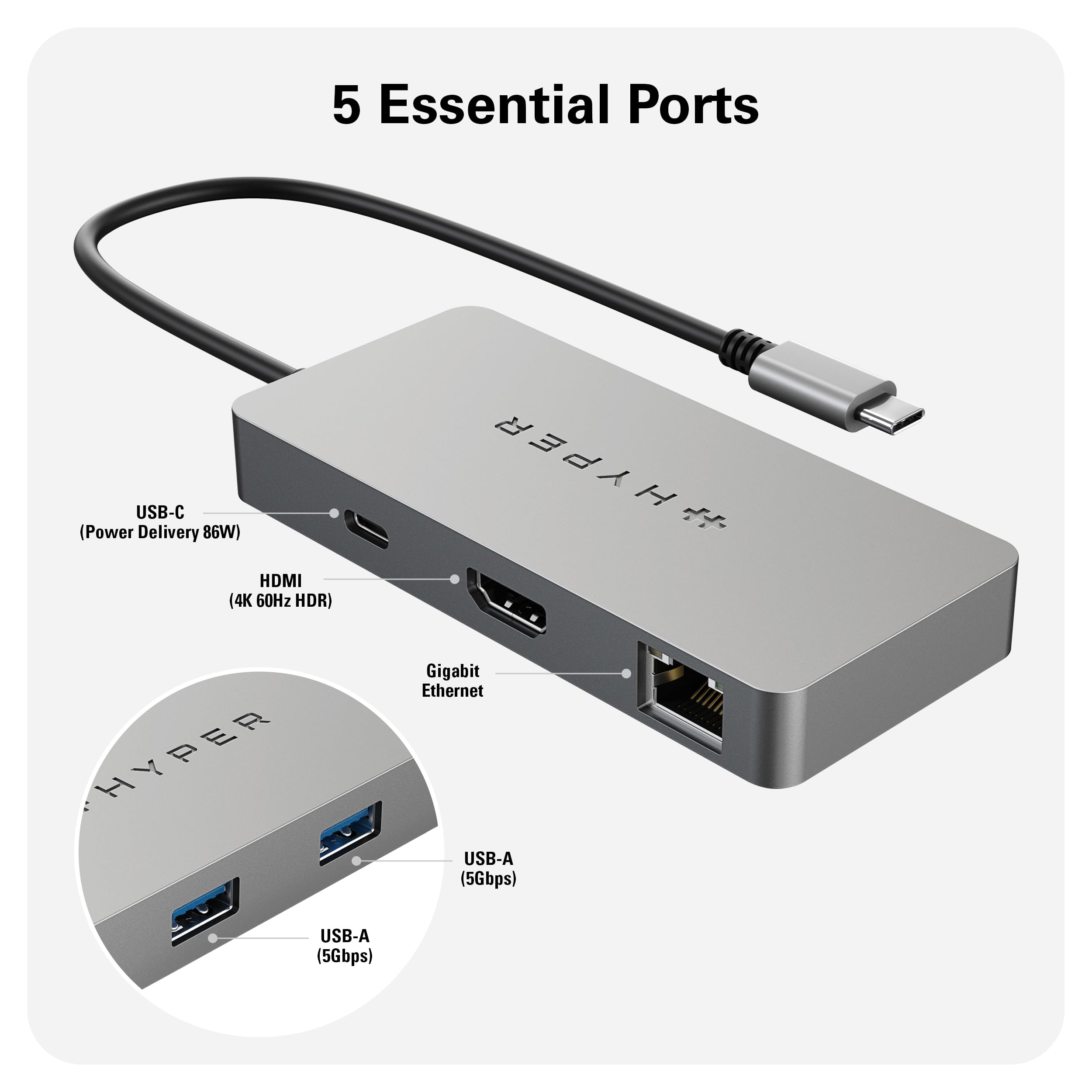 HyperDrive 5-Port USB C Hub with 86W Power Delivery, 4K HDMI, Ethernet & 5Gbps USB-A Ports - Universal USB-C Hub for MacBook, Laptop, Chromebook & USB-C Devices - Perfect for Home Office, Remote Work & Multi-Screen Setup