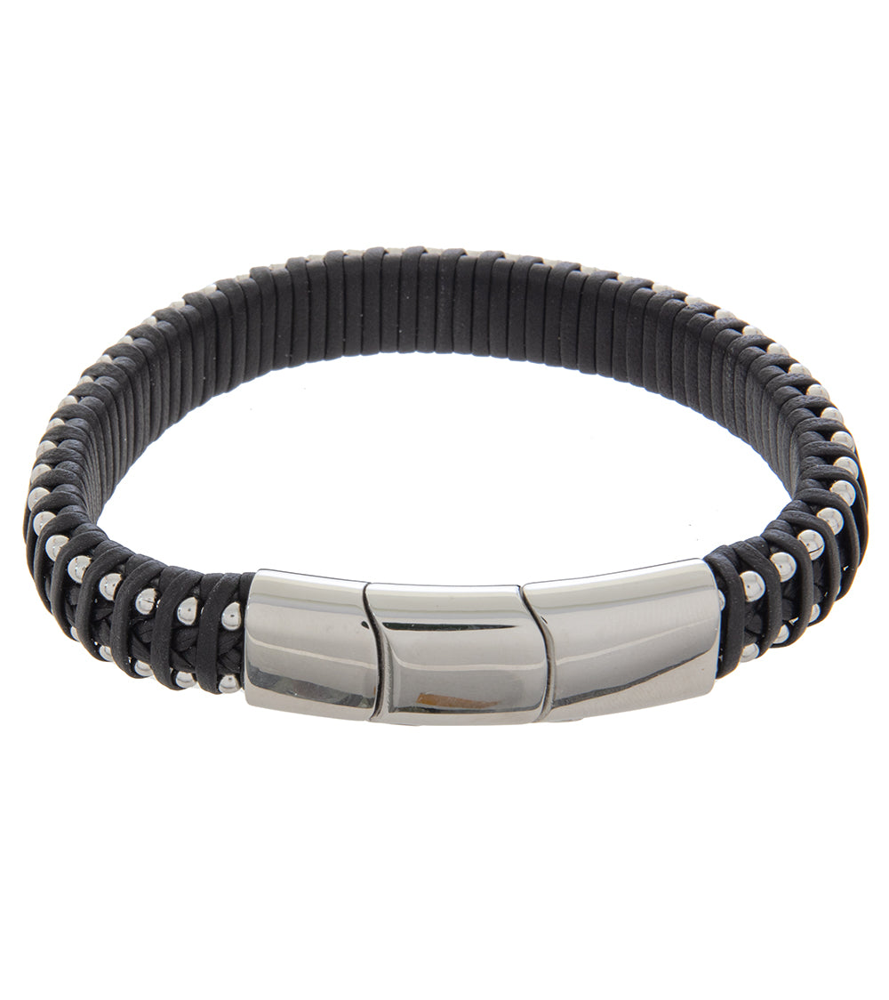 Men's Stainless Steel & Black Leather Bracelet - Adjustable 19-21cm (7.5-8.3 Inches) with Extension Chain - Perfect for Casual Wear, Gifts & Everyday Fashion Accessory