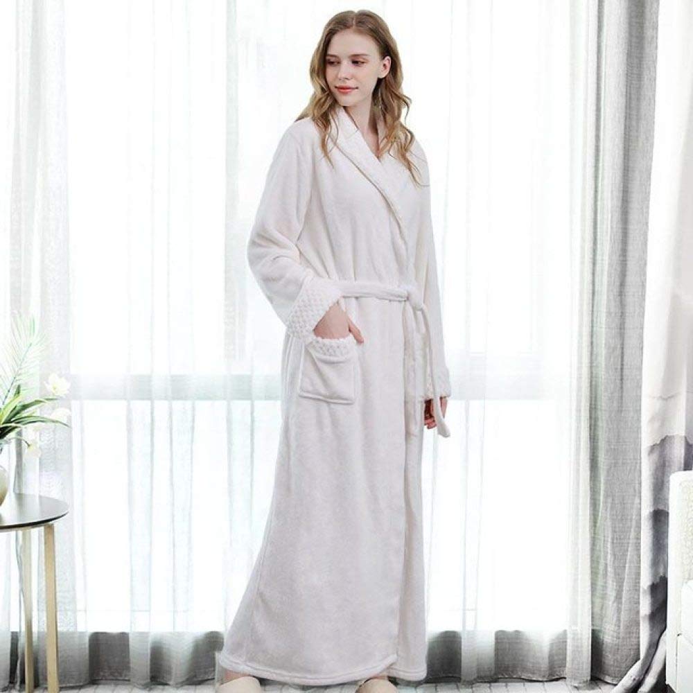 AAJIA Winter Bathrobe for Women & Men - Long Flannel Kimono Robe with Coral Fleece, Cozy Sleepwear & Loungewear for Home, Spa, and Cold Weather - White