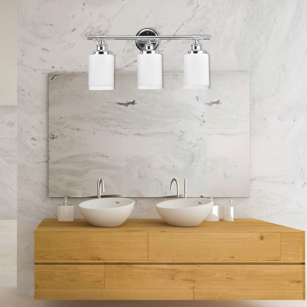 Globe Electric 51414 Freya 5-Piece Bathroom Lighting & Hardware Set - 3 Vanity Lights with White Shades, Towel Bar, Ring, Robe Hook & Toilet Paper Holder in Chrome & Frosted Glass - Perfect for Modern Bathroom Remodel & Home Decor