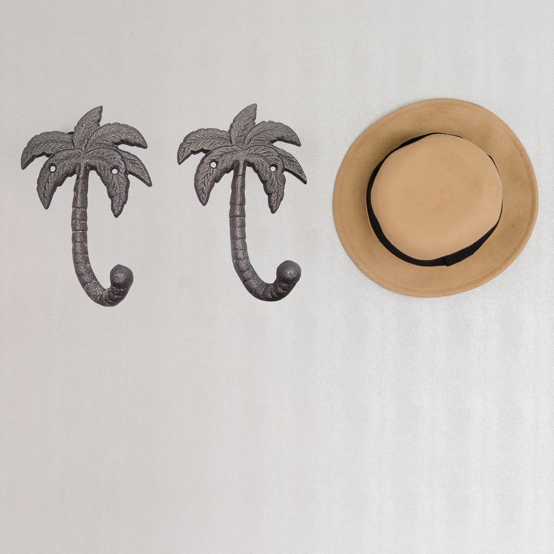 Palm Tree Cast Iron Wall Hooks - Set of 2 Gray Wall Mounted Hooks for Coats, Bags, Towels & Hats - 6.5 Inch Beach Themed Wall Decor - Perfect for Bathroom, Entryway & Coastal Home Decor