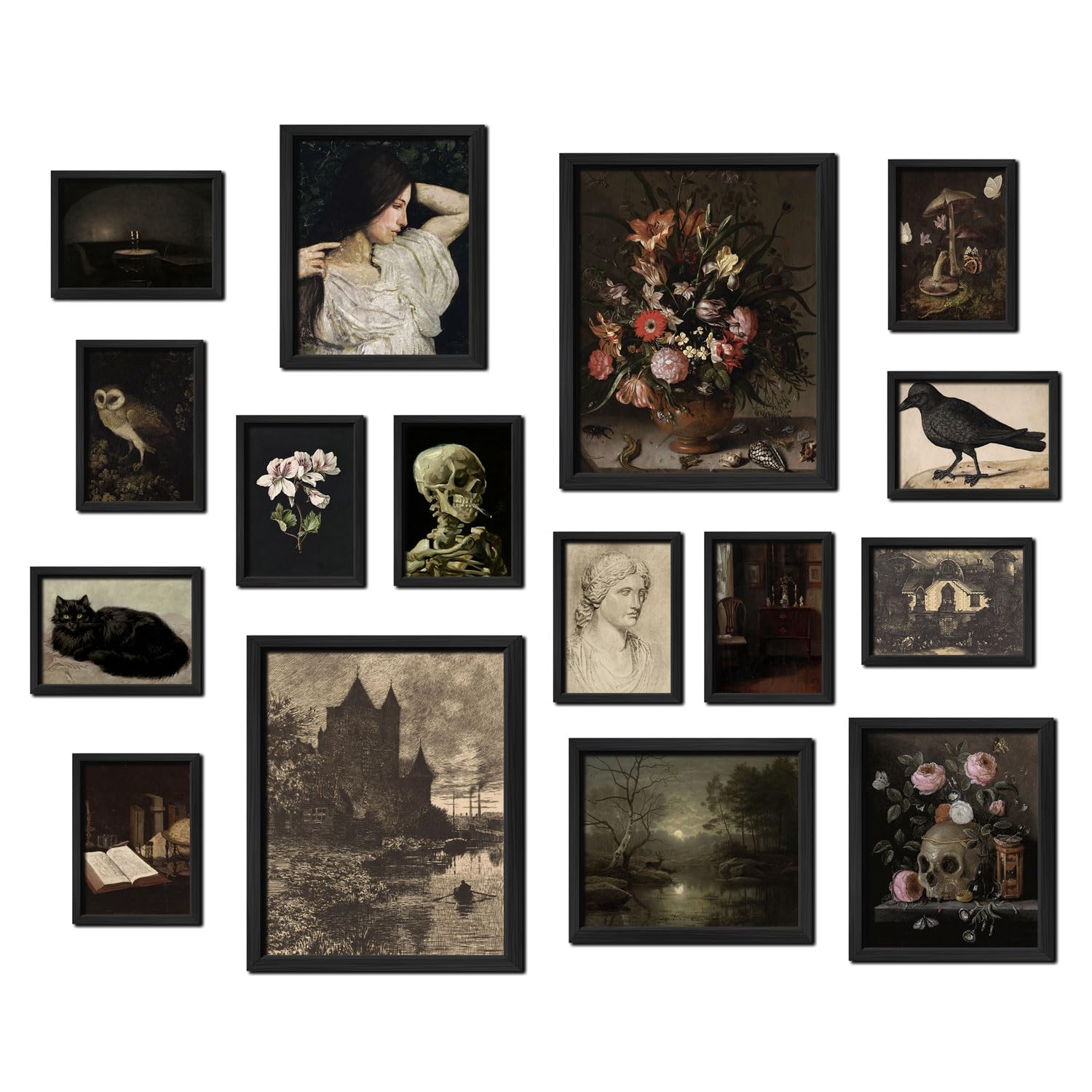 16 PCS Dark Academia Room Decor Set - Gothic Home Wall Art Prints, Moody Aesthetic Posters for Bedroom & Living Room - Witchy Collage Kit for Halloween Dorm Gallery (Perfect for Gothic Themed Rooms, Study Spaces & Halloween Party Decorations)