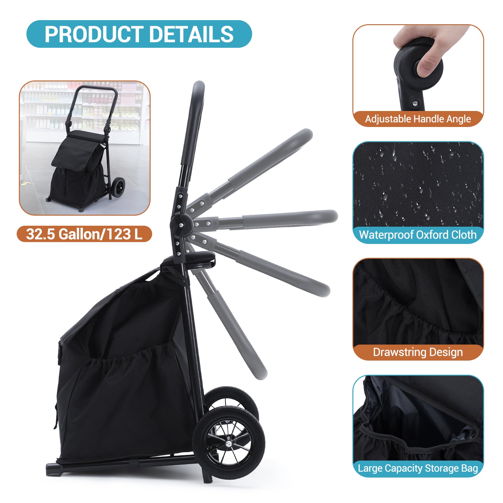 GARVEE 2 in 1 Foldable Grocery Cart with Cushioned Seat - Heavy Duty Hand Truck with Removable Waterproof Bag - Portable Utility Trolley for Shopping, Laundry & Outdoor Use - Rolling Shopping Cart for Supermarket, Beach & Picnic