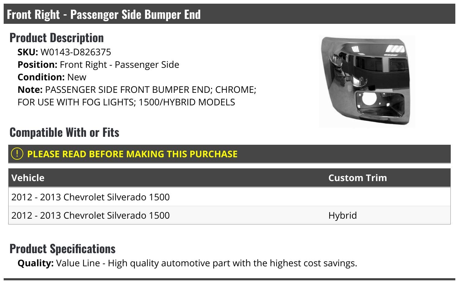 Chrome Front Right Passenger Side Bumper End Replacement for 2012-2013 Chevy Silverado 1500 - Perfect for Truck Repair & Restoration Projects