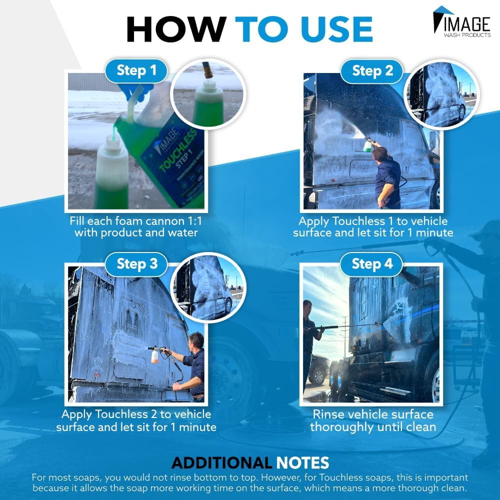 Touchless Car Wash Soap Kit - No Scrub 2-Step Truck Wash, High Foaming Biodegradable Formula Safe for Polished Aluminum & Ceramic Coatings (2 Gallons with Pressure Washer) - Perfect for RV, Boat & Fleet Vehicle Cleaning
