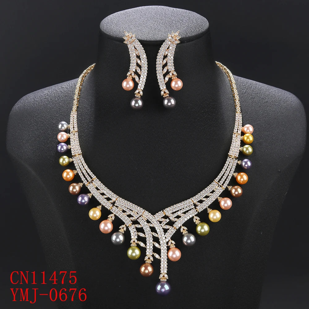 Luxury White Pearl Necklace & Earrings Set with Cubic Zirconia - Elegant Wedding Bridal Jewelry for Women - Perfect for Weddings, Parties, and Special Occasions