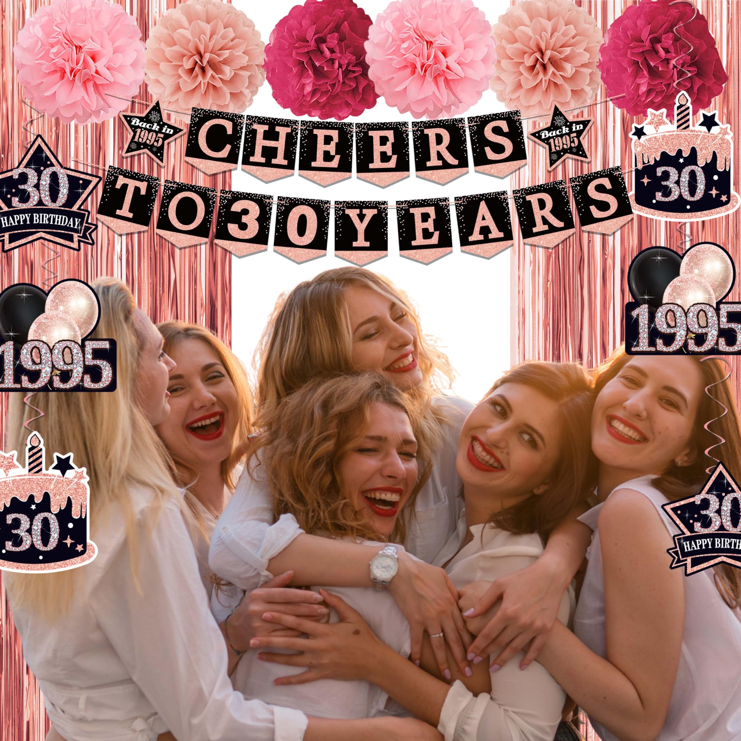 Black Rose Gold 'Cheers to 30 Years' Banner - Happy 30th Birthday Backdrop Decorations for Women, 1995 Hanging Swirls, Paper Poms & Honeycomb Centerpiece | 30th Birthday Party Supplies | Perfect for Milestone Celebrations, Photo Backdrops & Themed Decor