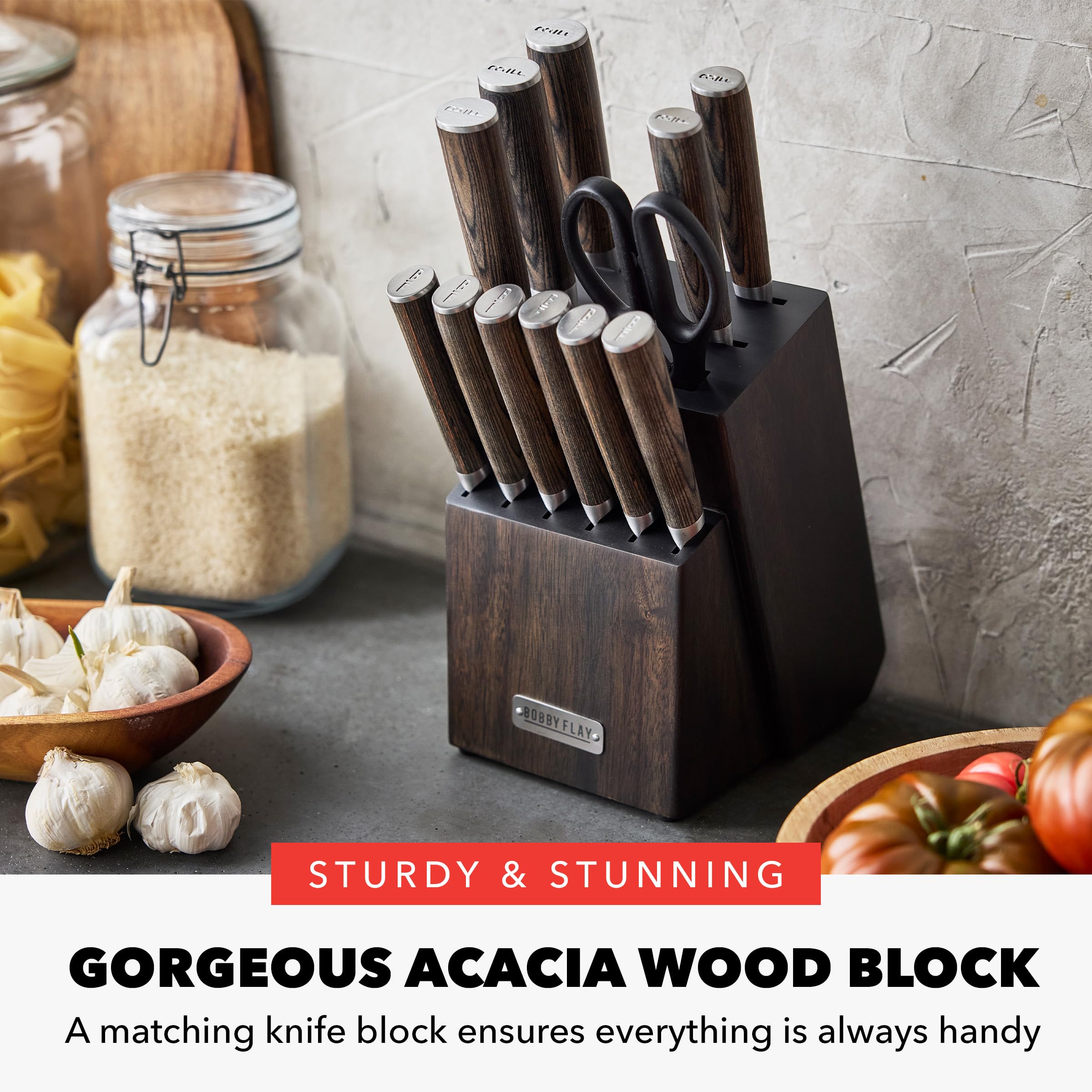 GreenPan x Bobby Flay 13-Piece Stainless Steel Knife Set with Acacia Wood Block - Premium Damascus Steel Kitchen Knives for Professional Chefs & Home Cooking - Perfect for Slicing, Dicing, and Food Prep